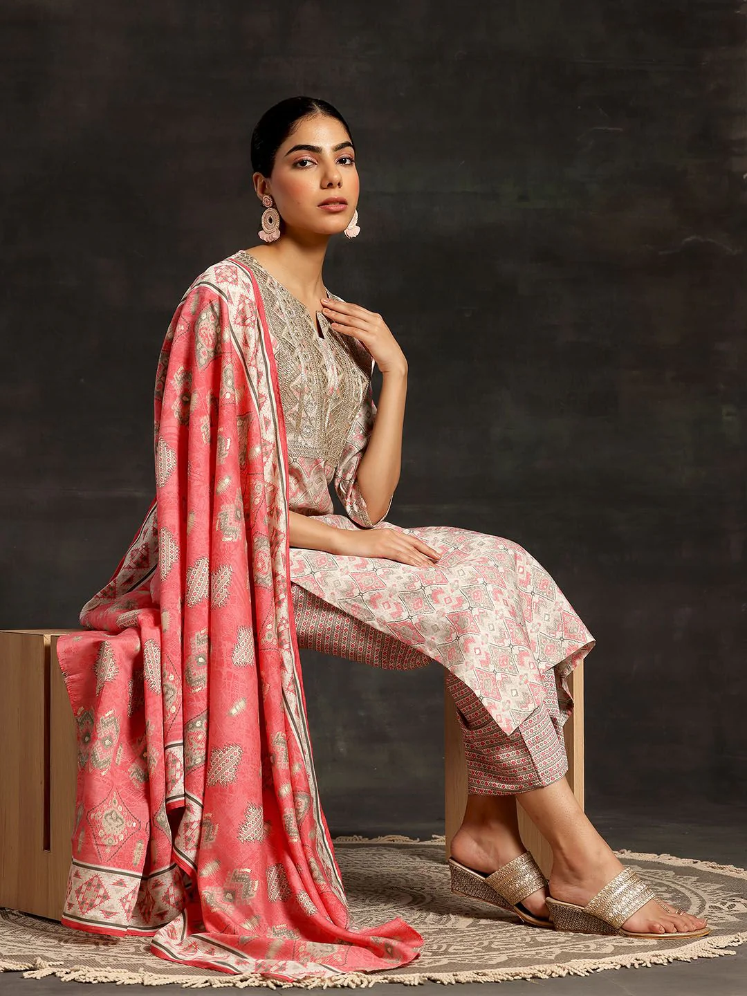 Libas Beige Ethnic Motifs Printed Sequinned Straight Kurta With Palazzos & Dupatta - Image 4