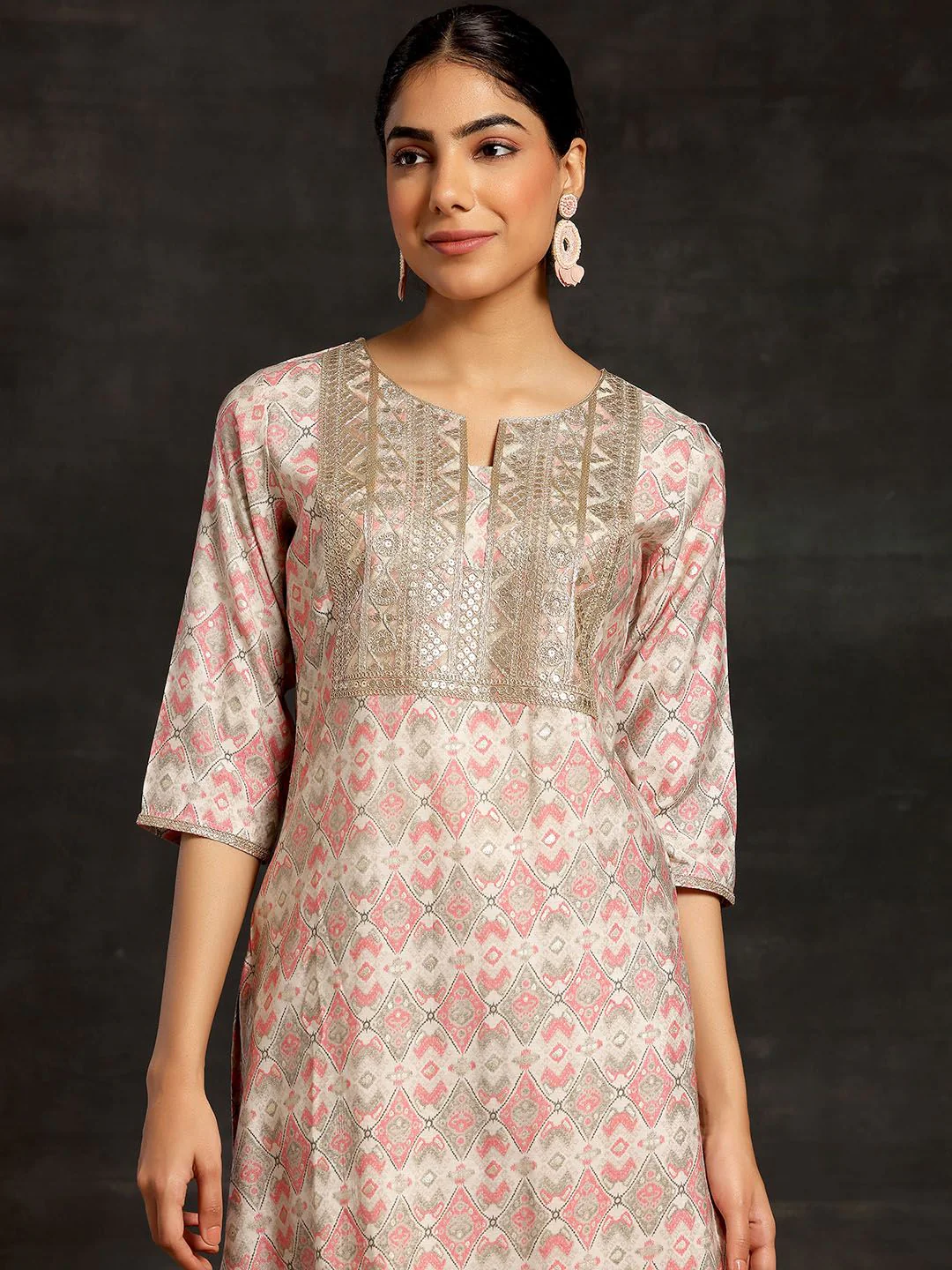 Libas Beige Ethnic Motifs Printed Sequinned Straight Kurta With Palazzos & Dupatta - Image 6