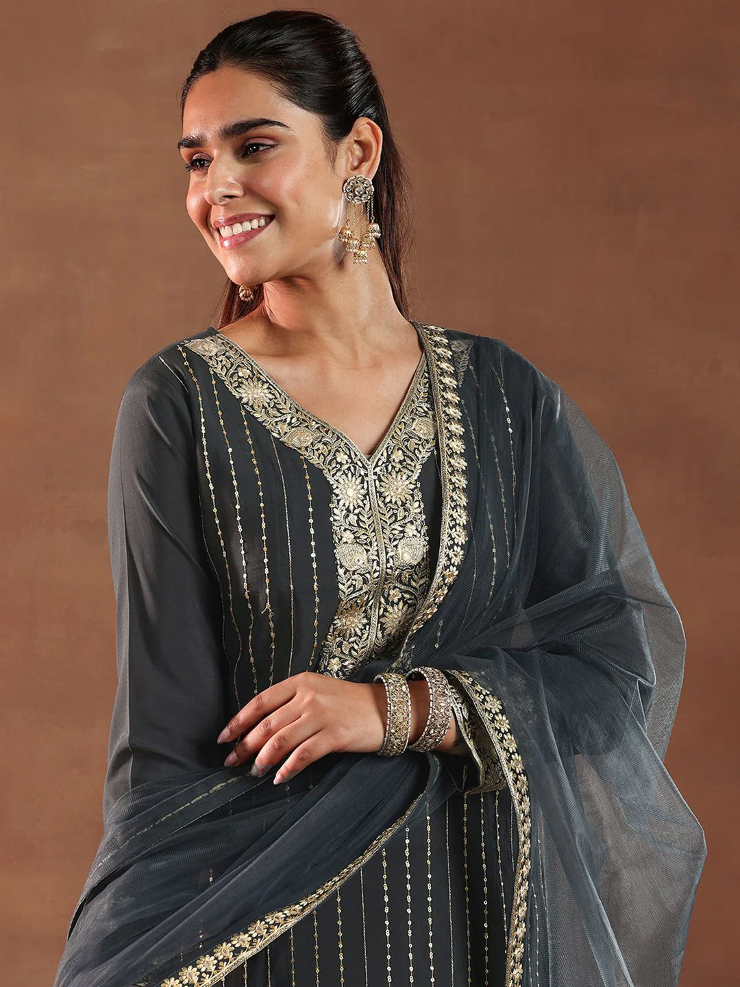 Libas Black and Grey Floral Embroidered Thread Work Kurta with Trouser & Dupatta - Image 2