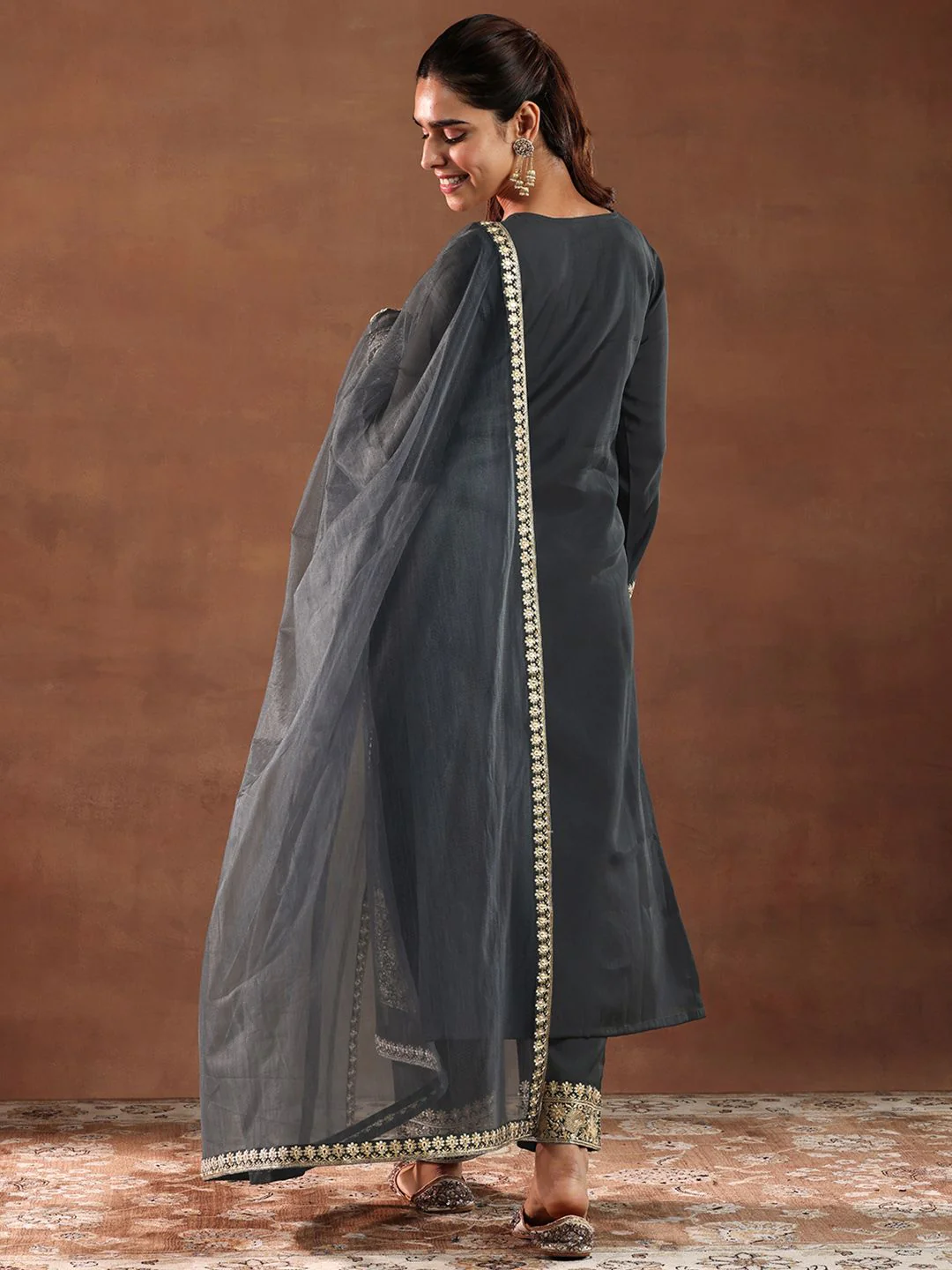 Libas Black and Grey Floral Embroidered Thread Work Kurta with Trouser & Dupatta - Image 5