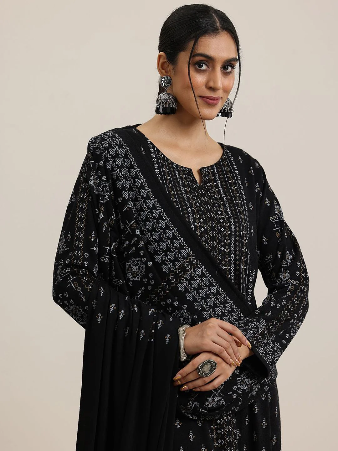 Libas Black Ethnic Motifs Woven Design Notch Neck Straight Kurta with Trousers & Dupatta - Image 3