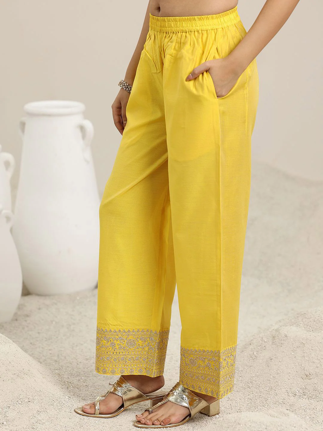 Libas Embroidered Panelled Chanderi Silk A-Line Kurta with Trouser & Dupatta - Image 7