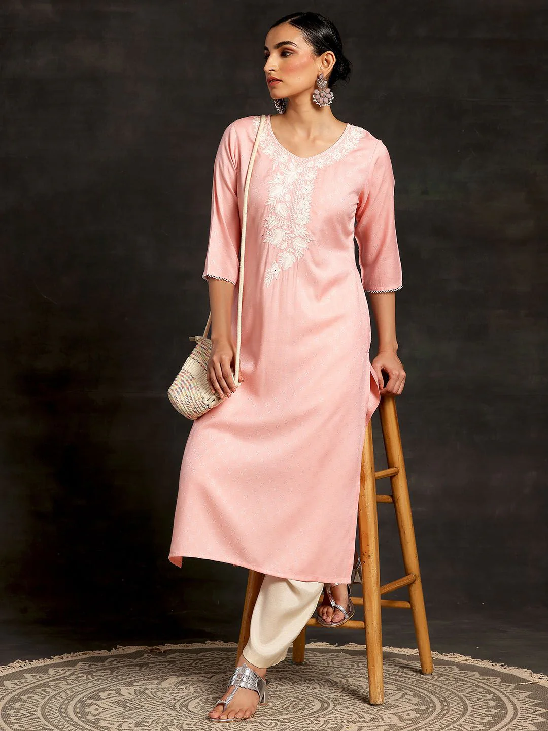 Libas Embroidered V Neck Three Quarter Sleeves Thread Work Dobby Kurta - Image 5