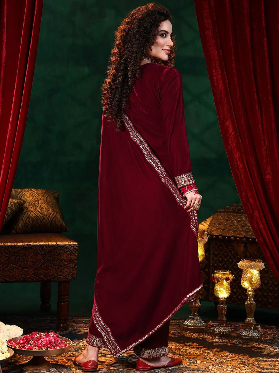 Libas Ethnic Motifs Embroidered Straight Sequinned Velvet Kurta with Trousers & Dupatta - Image 4