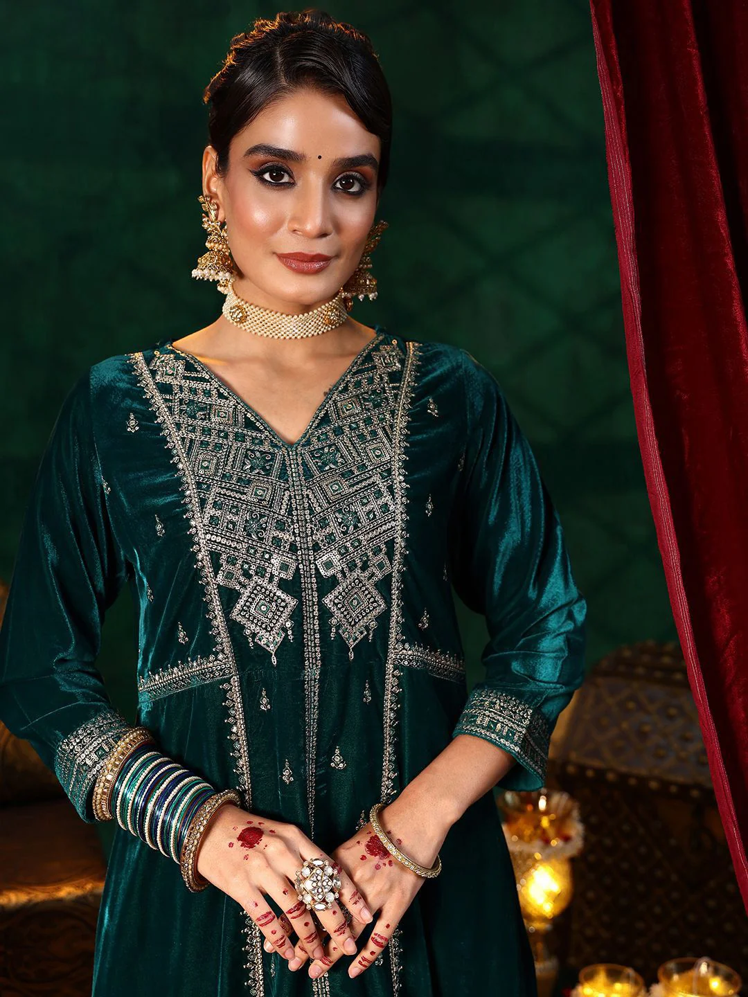 Libas Ethnic Motifs Embroidered Velvet A-Line Kurta With Trousers & Dupatta - Image 3