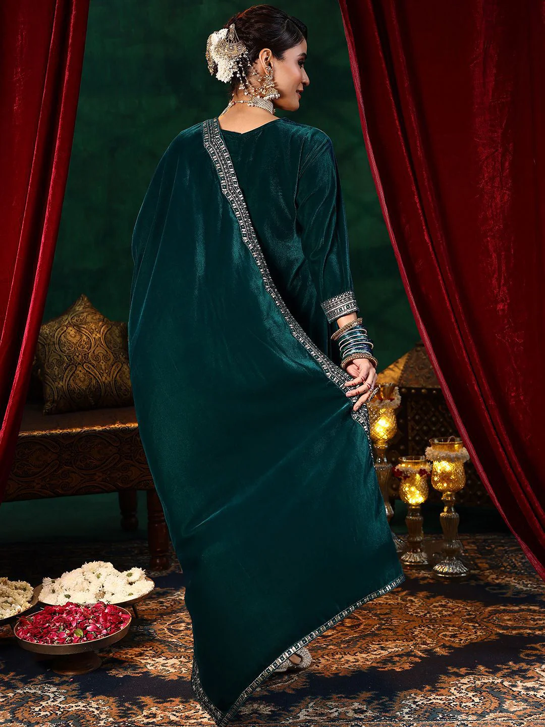 Libas Ethnic Motifs Embroidered Velvet A-Line Kurta With Trousers & Dupatta - Image 4