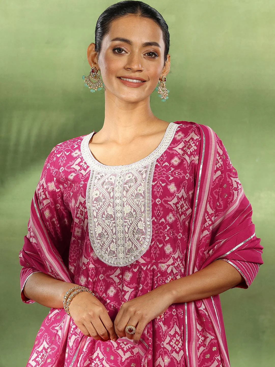 Libas Ethnic Motifs Printed Empire Thread Work Kurta with Churidar & Dupatta - Image 3