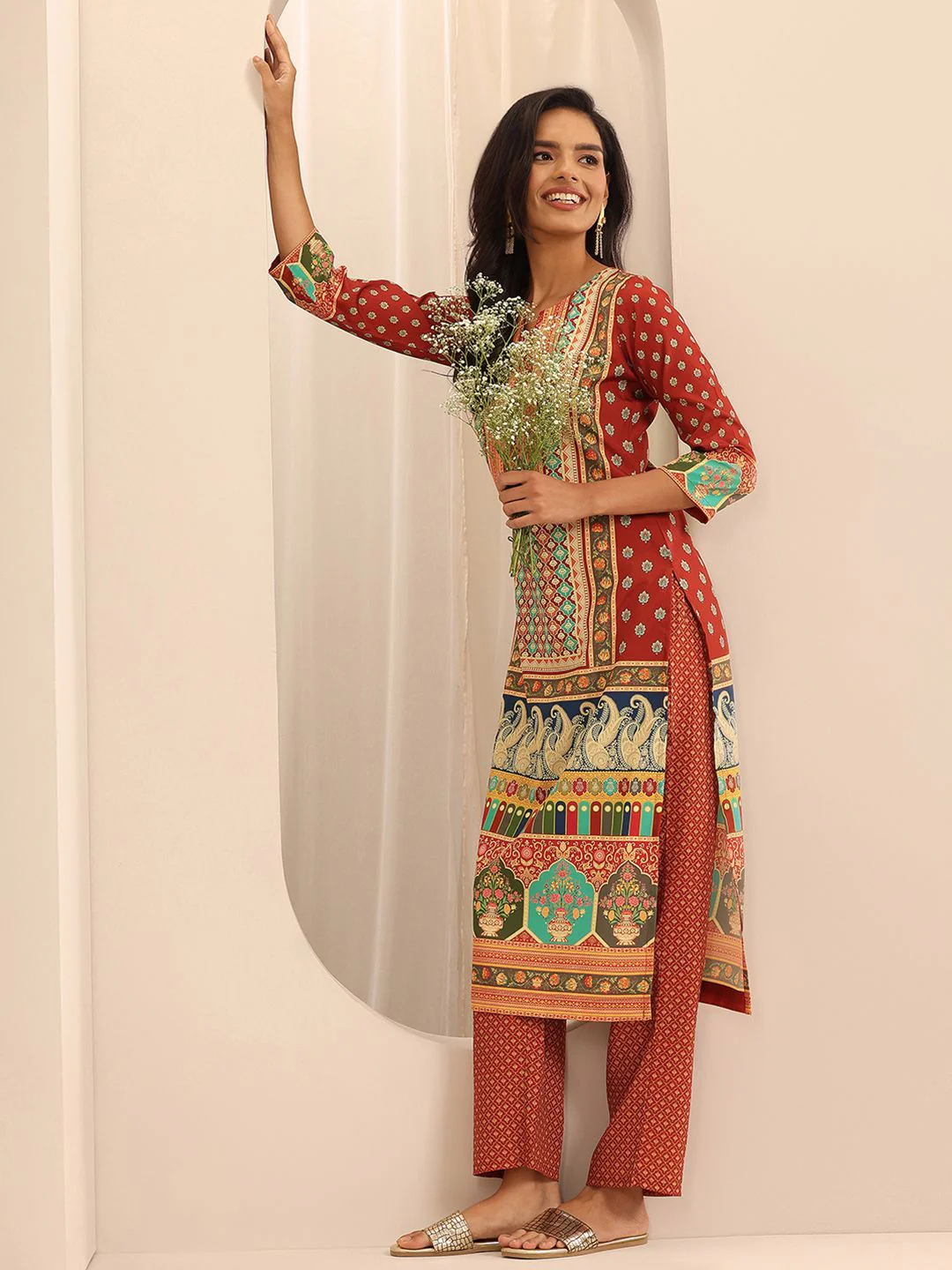 Libas Ethnic Motifs Printed Notched Neck Straight Kurta With Palazzos - Image 6