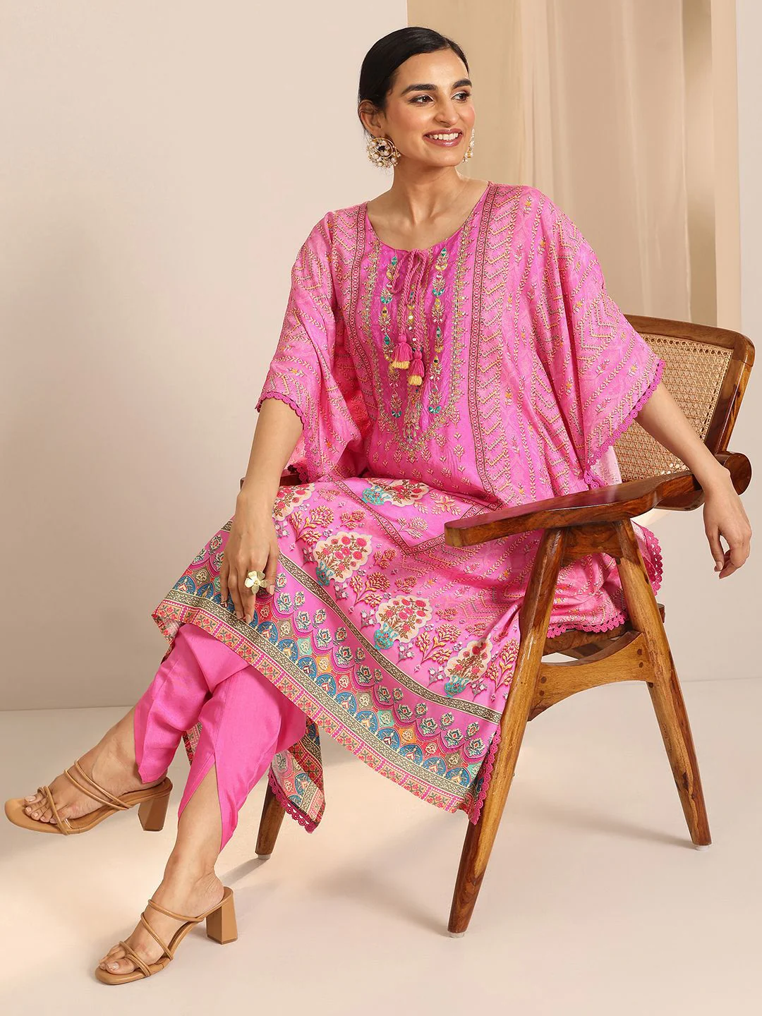 Libas Ethnic Motifs Printed Panelled Mirror Work Tie-Up Neck Kaftan Kurta With Salwar - Image 6