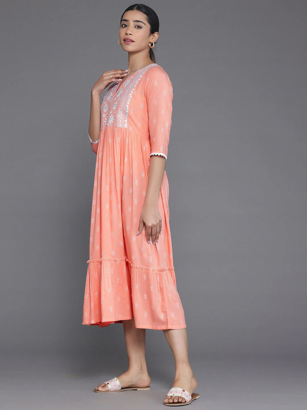 Libas Ethnic Motifs Printed Yoke Woven Design Panelled Dress - Image 3