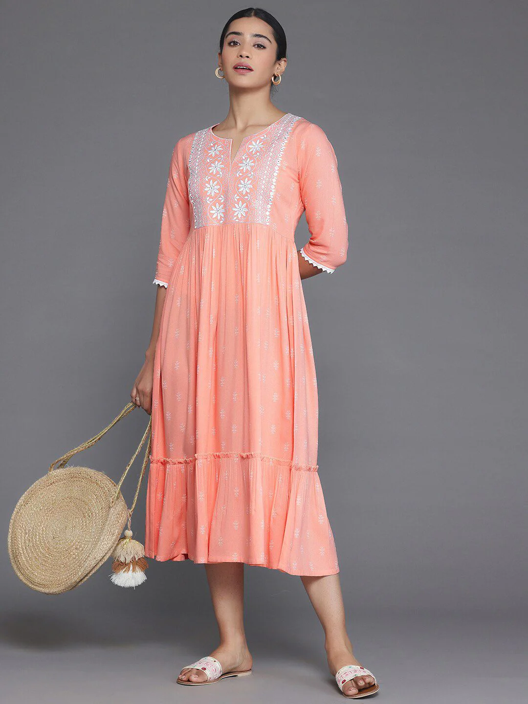Libas Ethnic Motifs Printed Yoke Woven Design Panelled Dress - Image 4