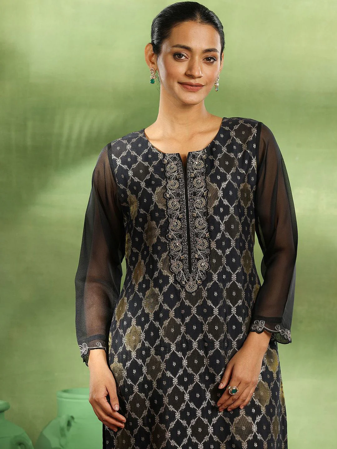 Libas Ethnic Motifs Woven Design Zari Work Organza Straight Kurta With Trouser & Dupatta - Image 3