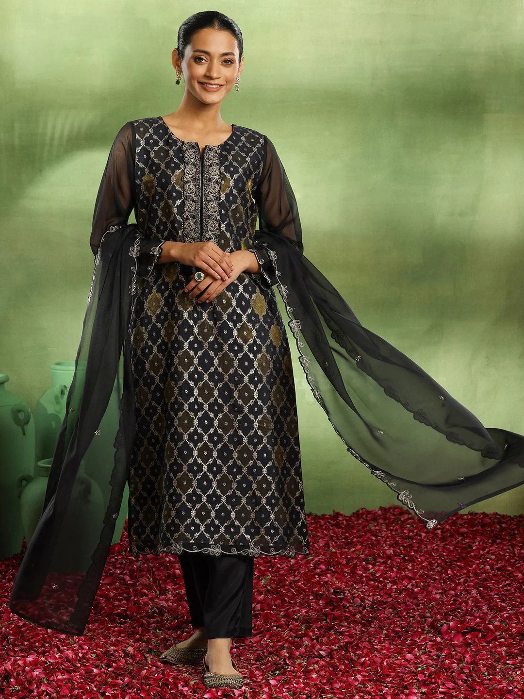 Libas Ethnic Motifs Woven Design Zari Work Organza Straight Kurta With Trouser & Dupatta - Image 6