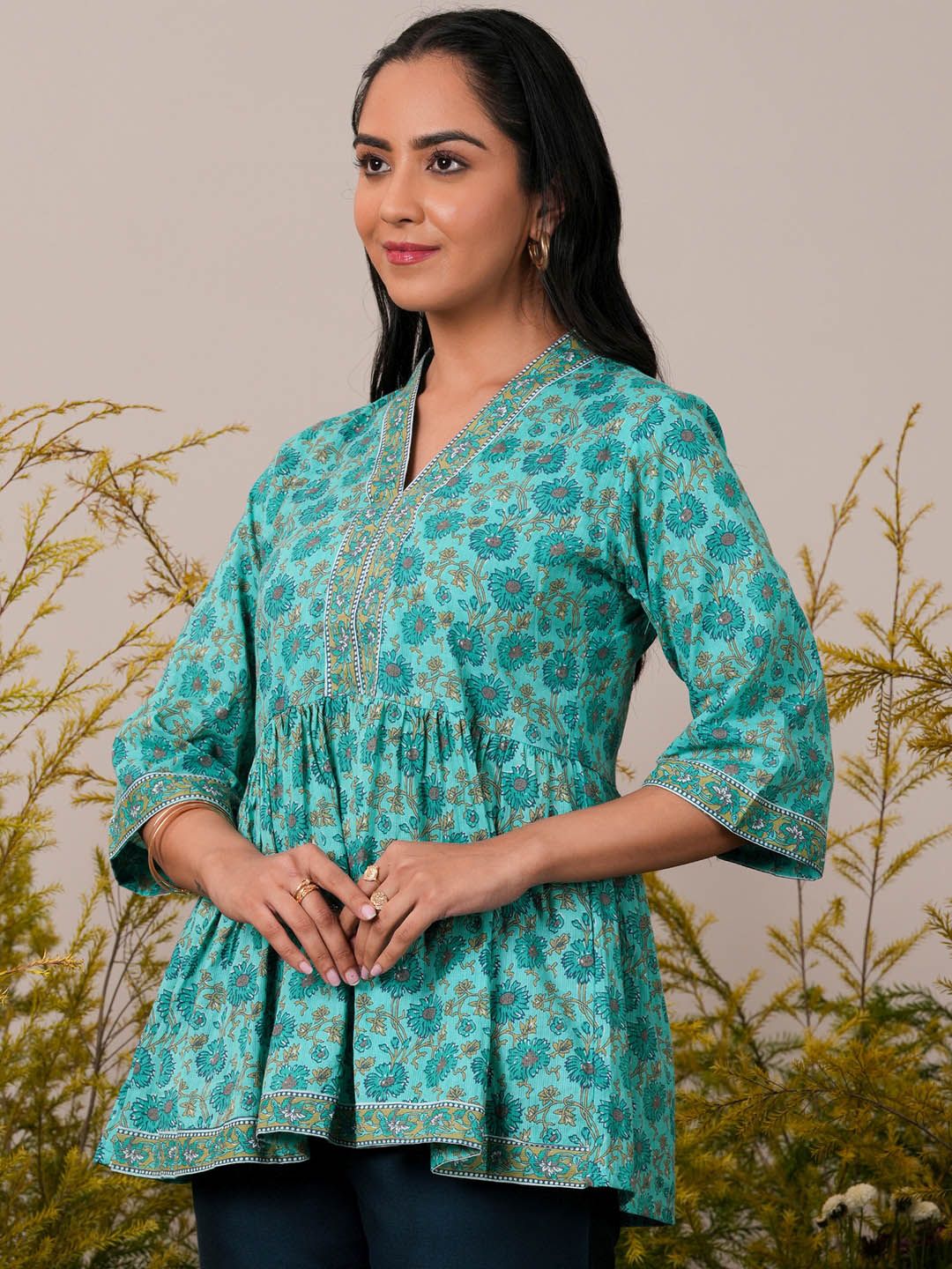 Libas Floral Block Printed V-Neck Flared Sleeves Pure Cotton Pleated A-Line Kurti - Image 3