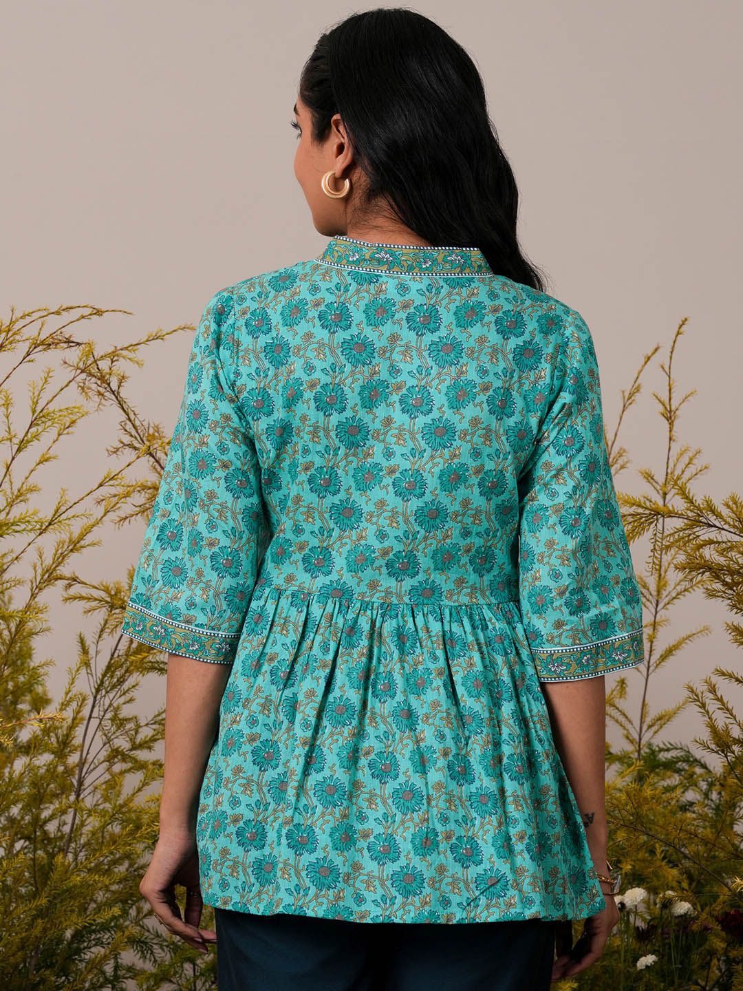 Libas Floral Block Printed V-Neck Flared Sleeves Pure Cotton Pleated A-Line Kurti - Image 5