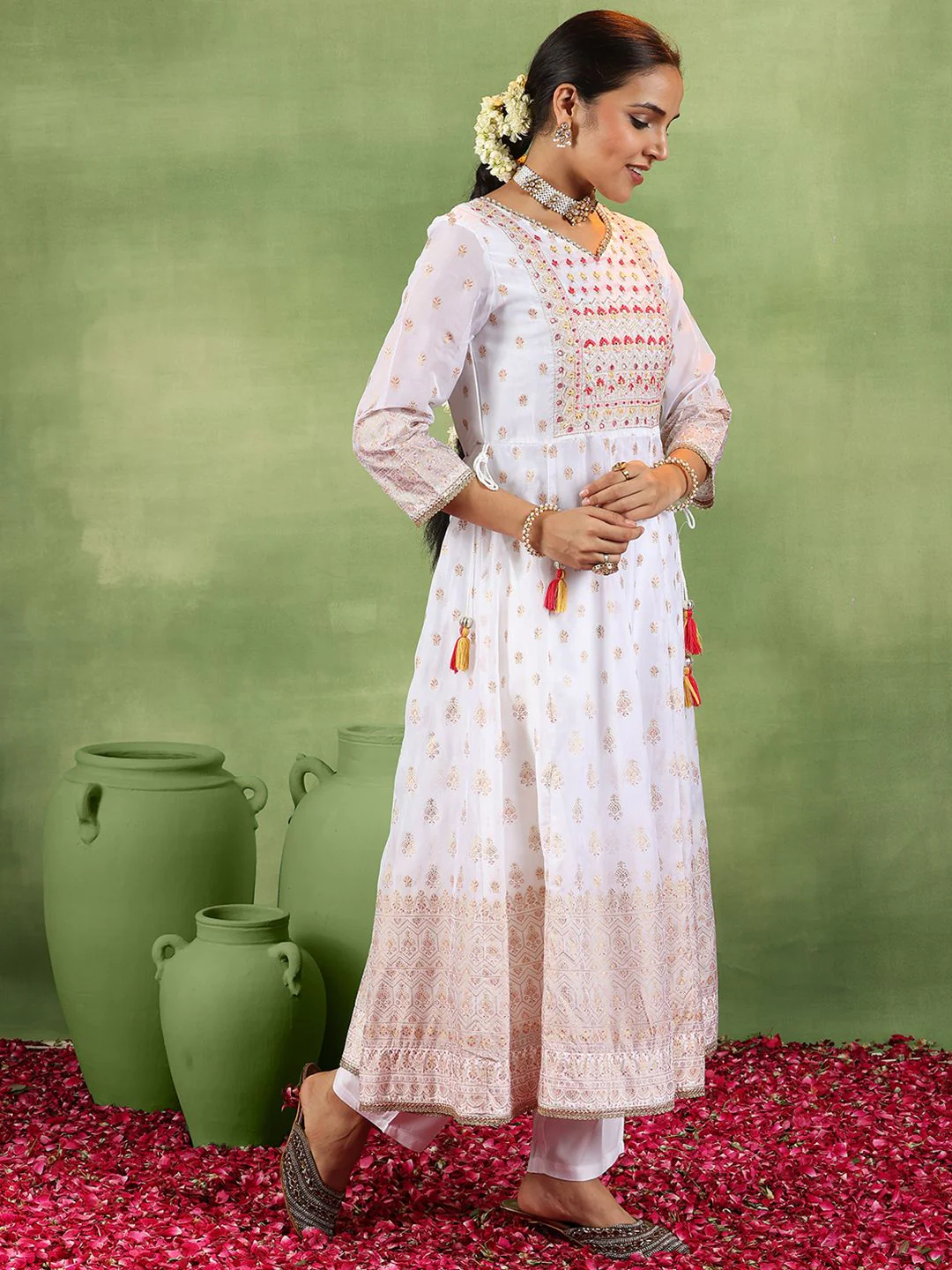 Libas Floral Embroidered Mirror Work Anarkali Kurta With Trousers & Dupatta - Image 5
