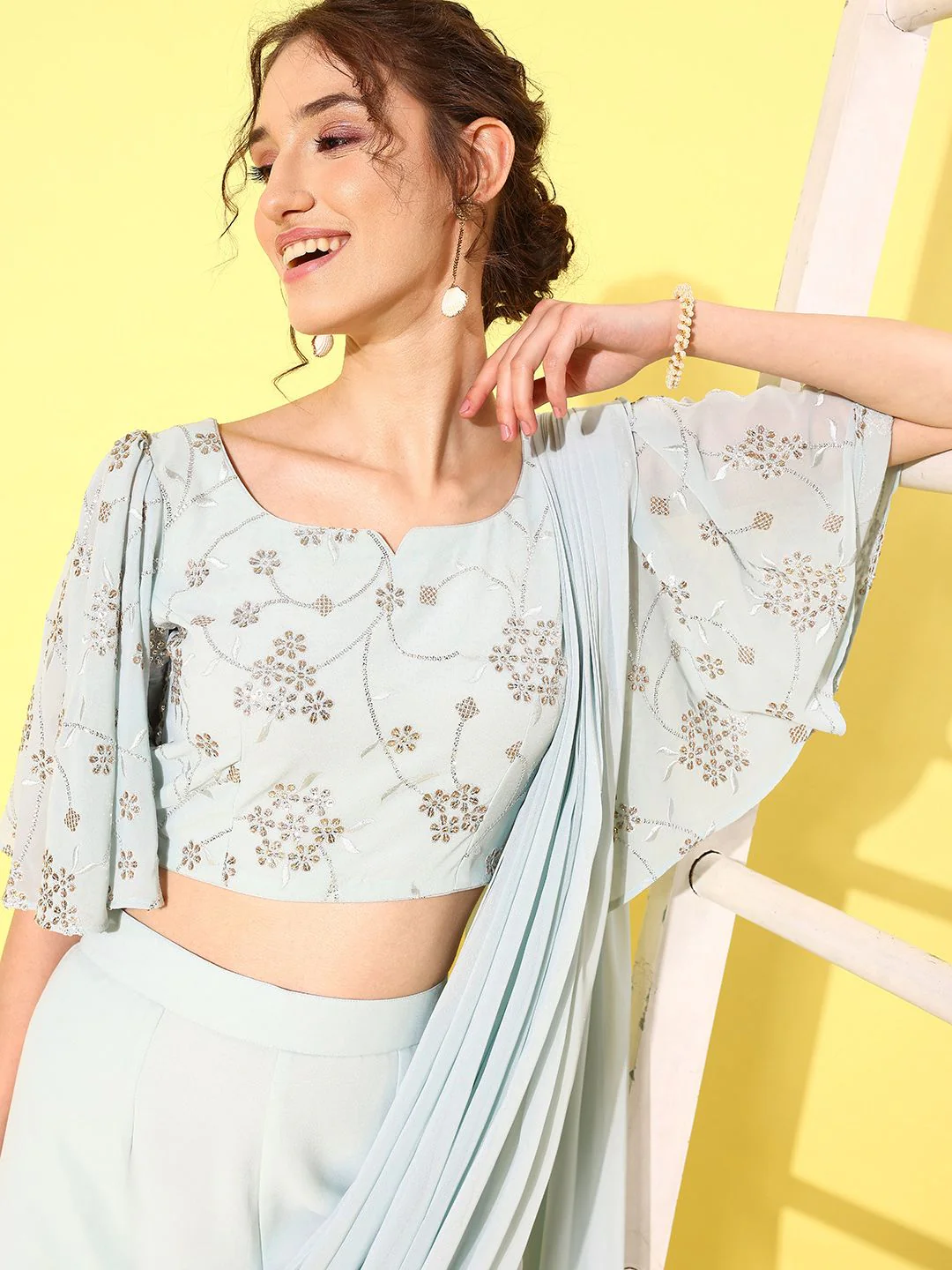 Libas Floral Embroidered Pure Georgette Palazzo Saree - Image 2