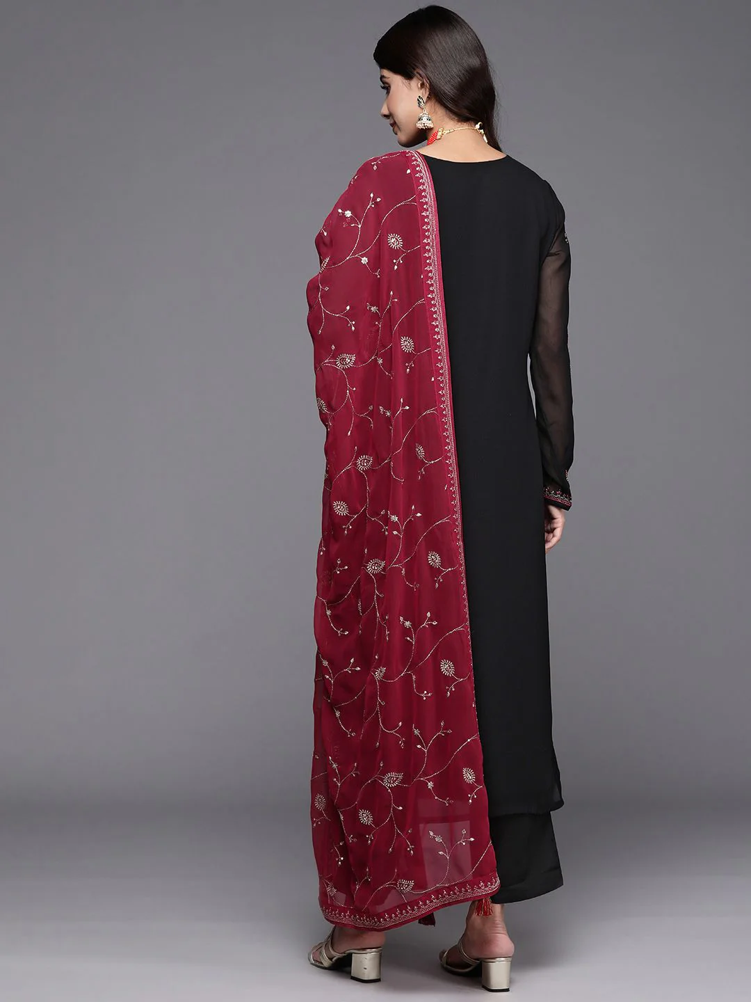 Libas Floral Embroidered Regular Thread Work Georgette Kurta with Trousers & Dupatta - Image 6