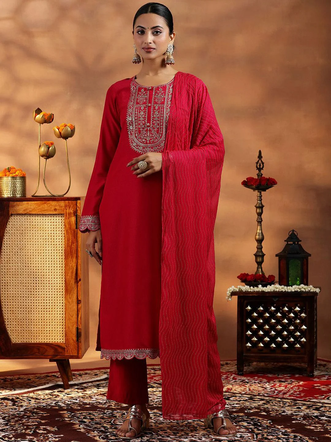 Libas Floral Embroidered Sequinned Dobby Weave Straight Kurta With Trousers & Dupatta
