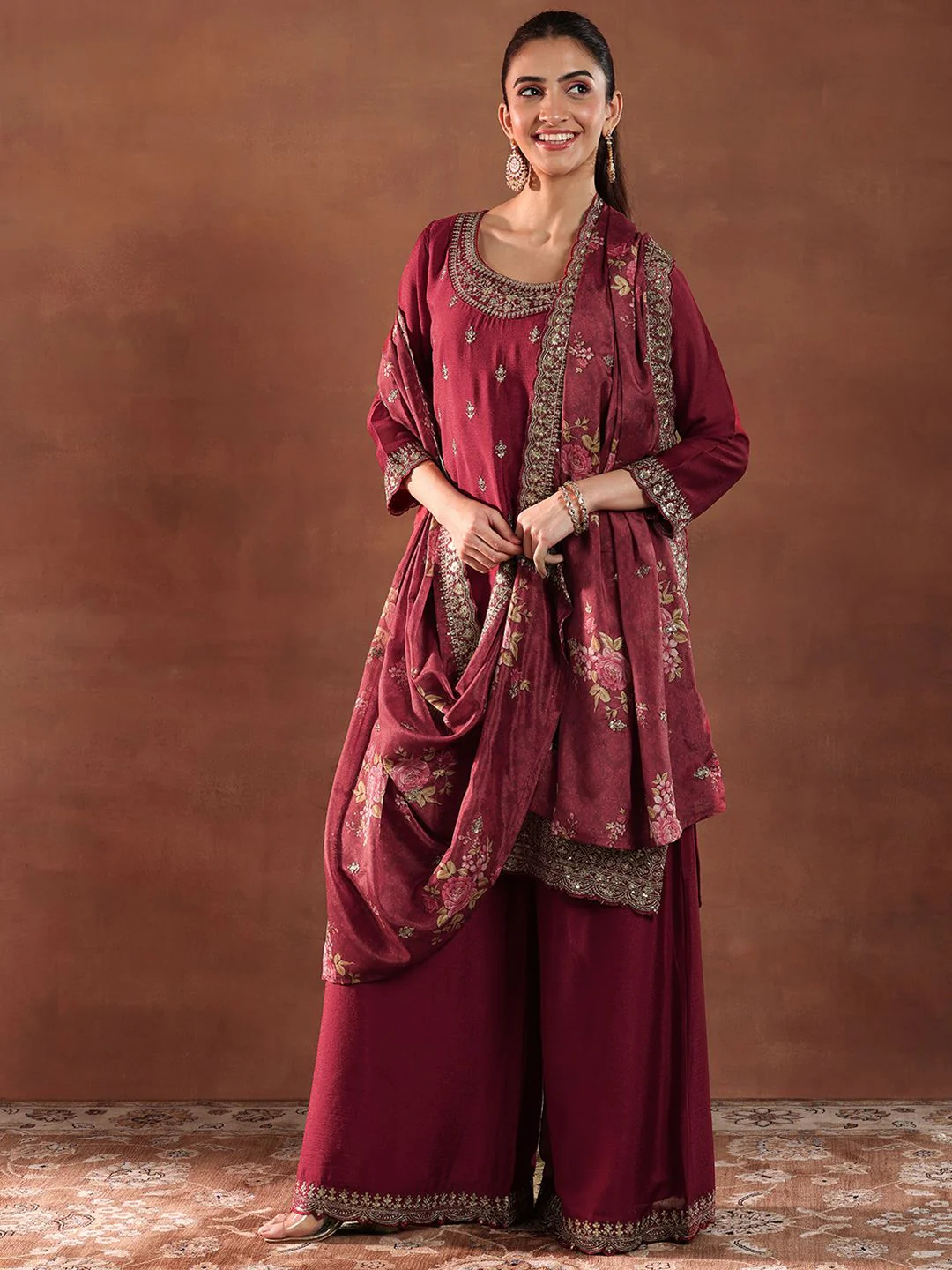 Libas Floral Embroidered Sequinned Straight Kurta with Palazzos & Dupatta - Image 2