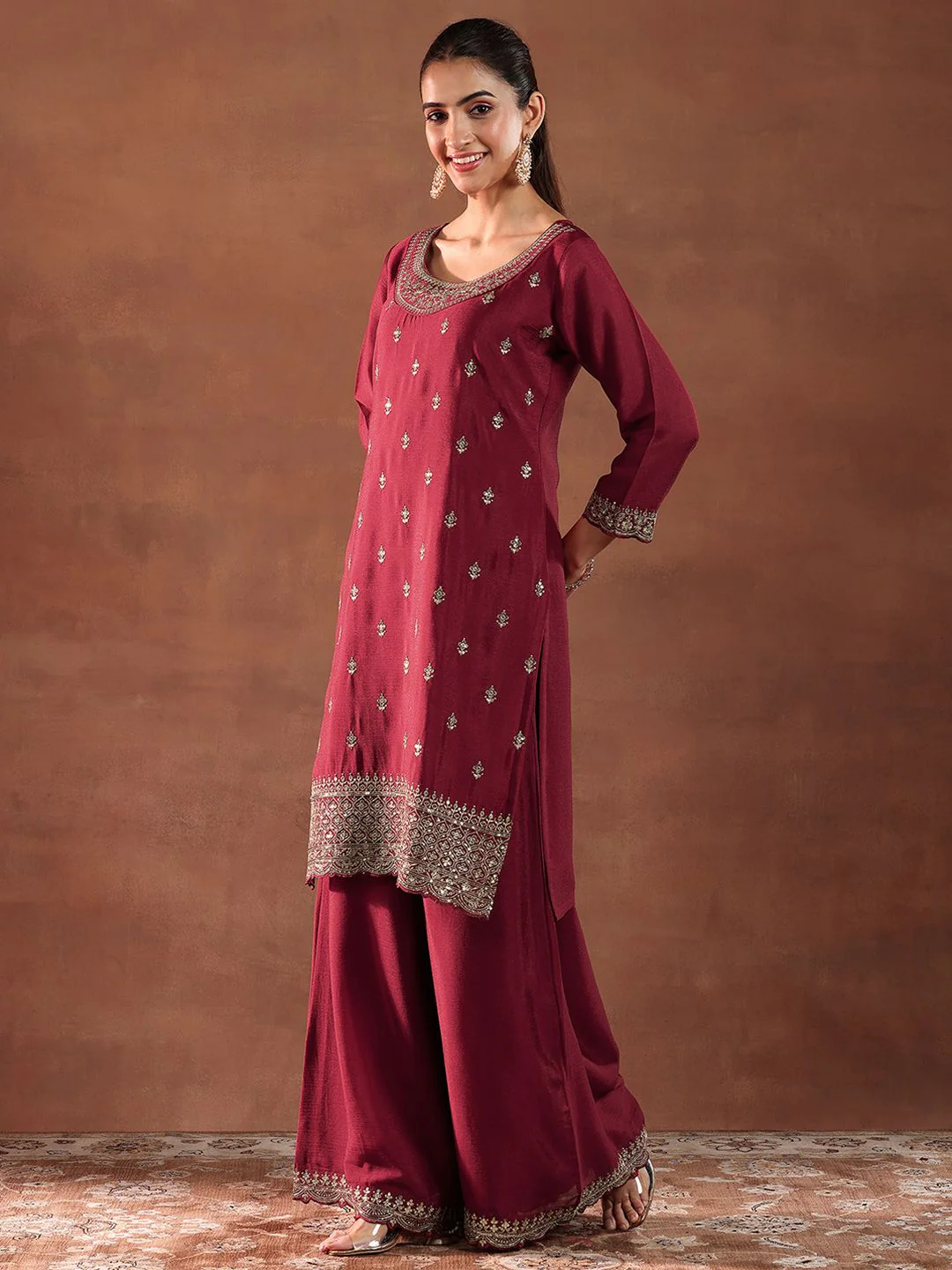 Libas Floral Embroidered Sequinned Straight Kurta with Palazzos & Dupatta - Image 5
