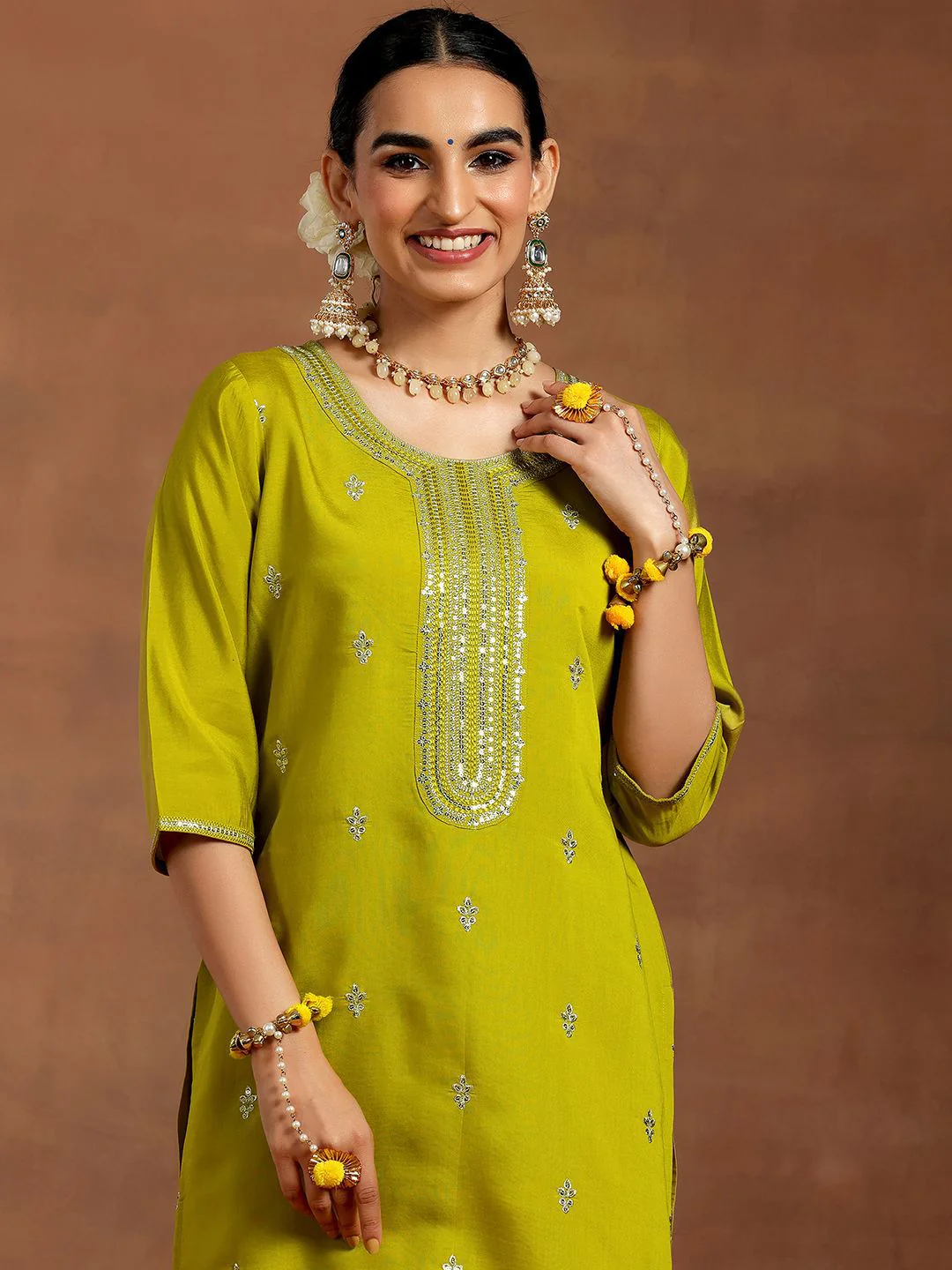 Libas Floral Embroidered Sequinned Straight Kurta with Salwar & With Dupatta - Image 2