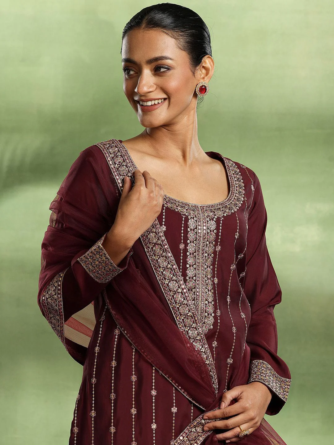 Libas Floral Embroidered Sequinned Straight Kurta with Trouser & Dupatta