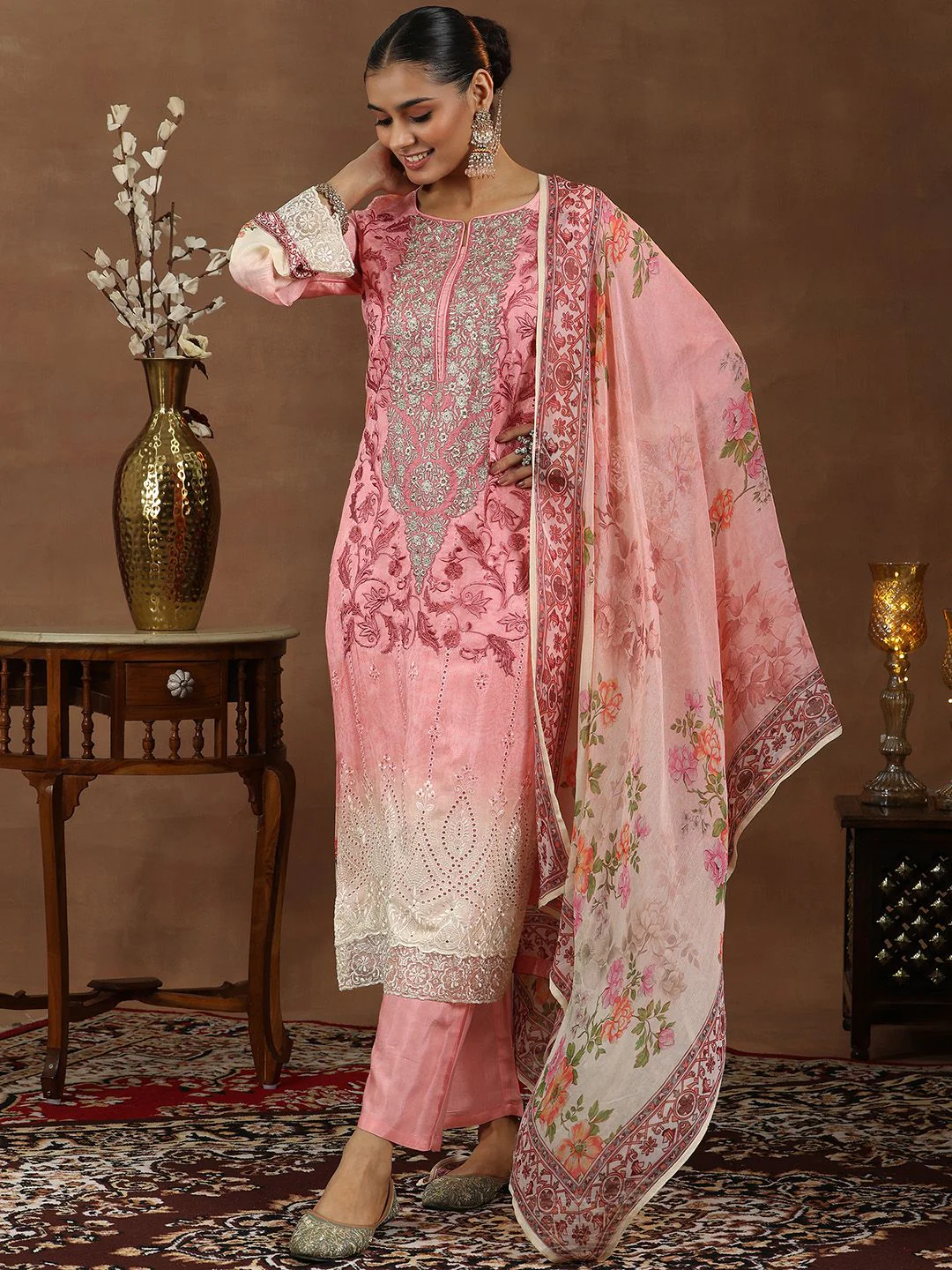 Libas Floral Embroidered Zari Schiffli Straight Kurta with Trousers & Dupatta - Image 2