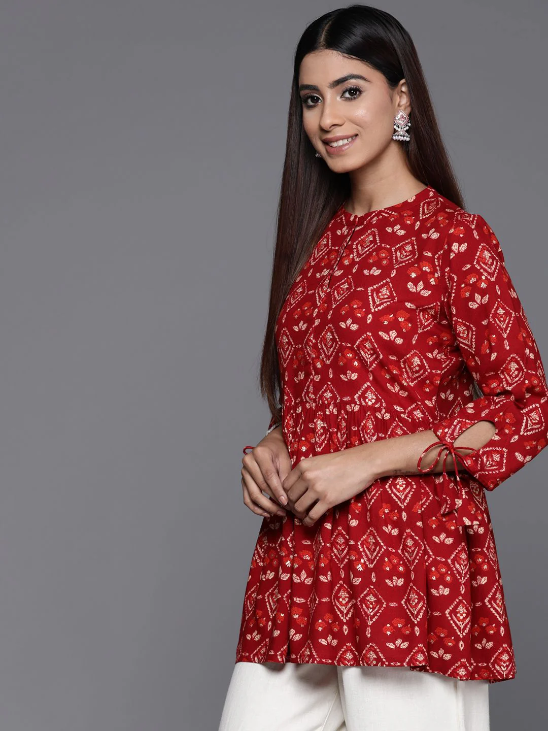 Libas Floral Print Band Collar Tie-Up Sleeves Pleated Kurti - Image 3