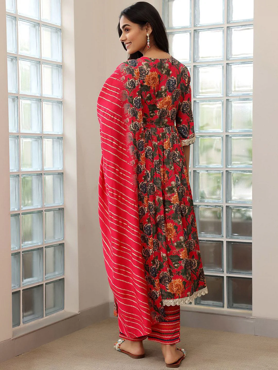 Libas Floral Printed Empire Sequinned A Line Kurta with Trousers & Dupatta - Image 5