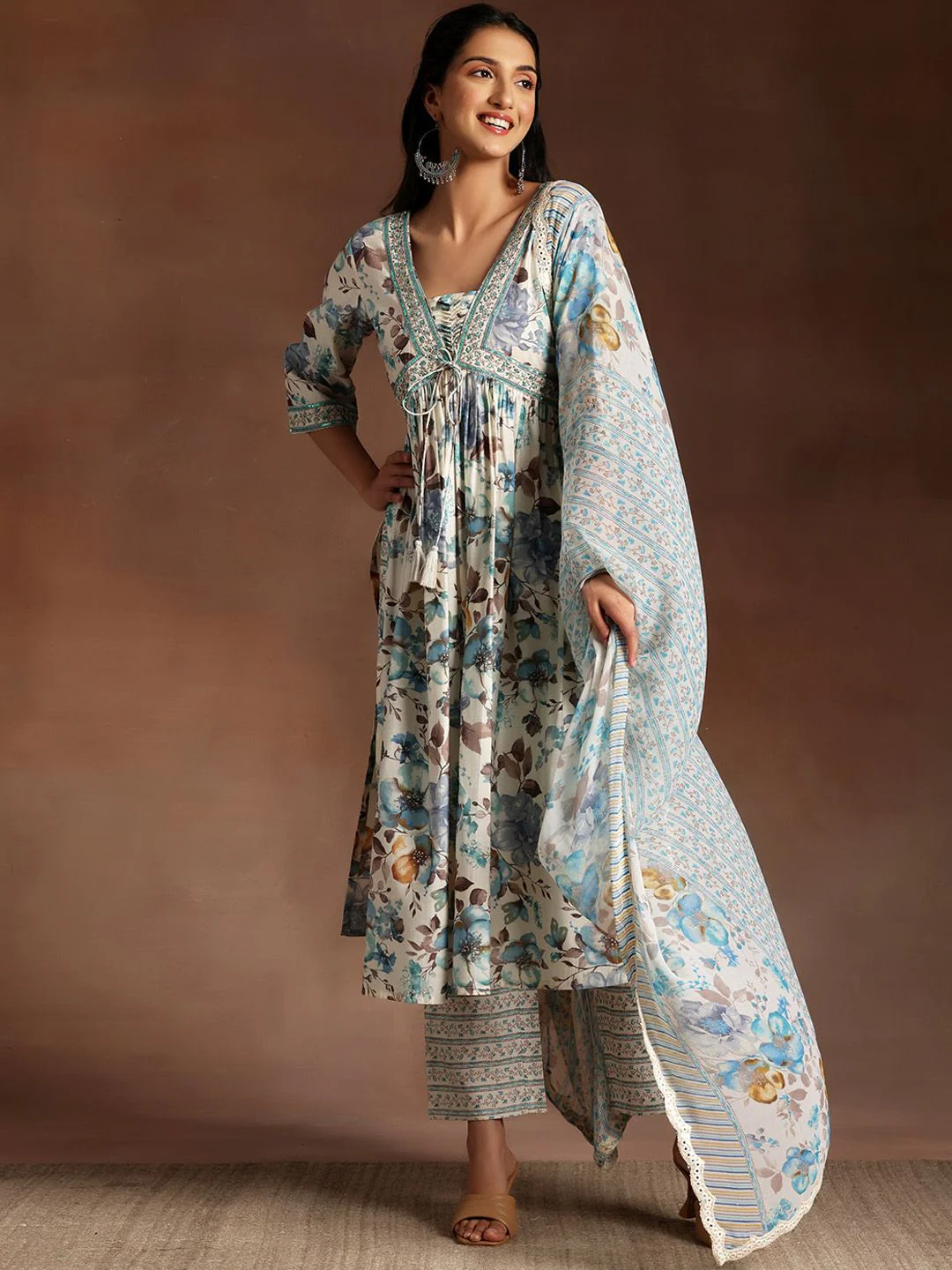 Libas Floral Printed Empire Sequinned Kurta with Palazzo & Dupatta - Image 6