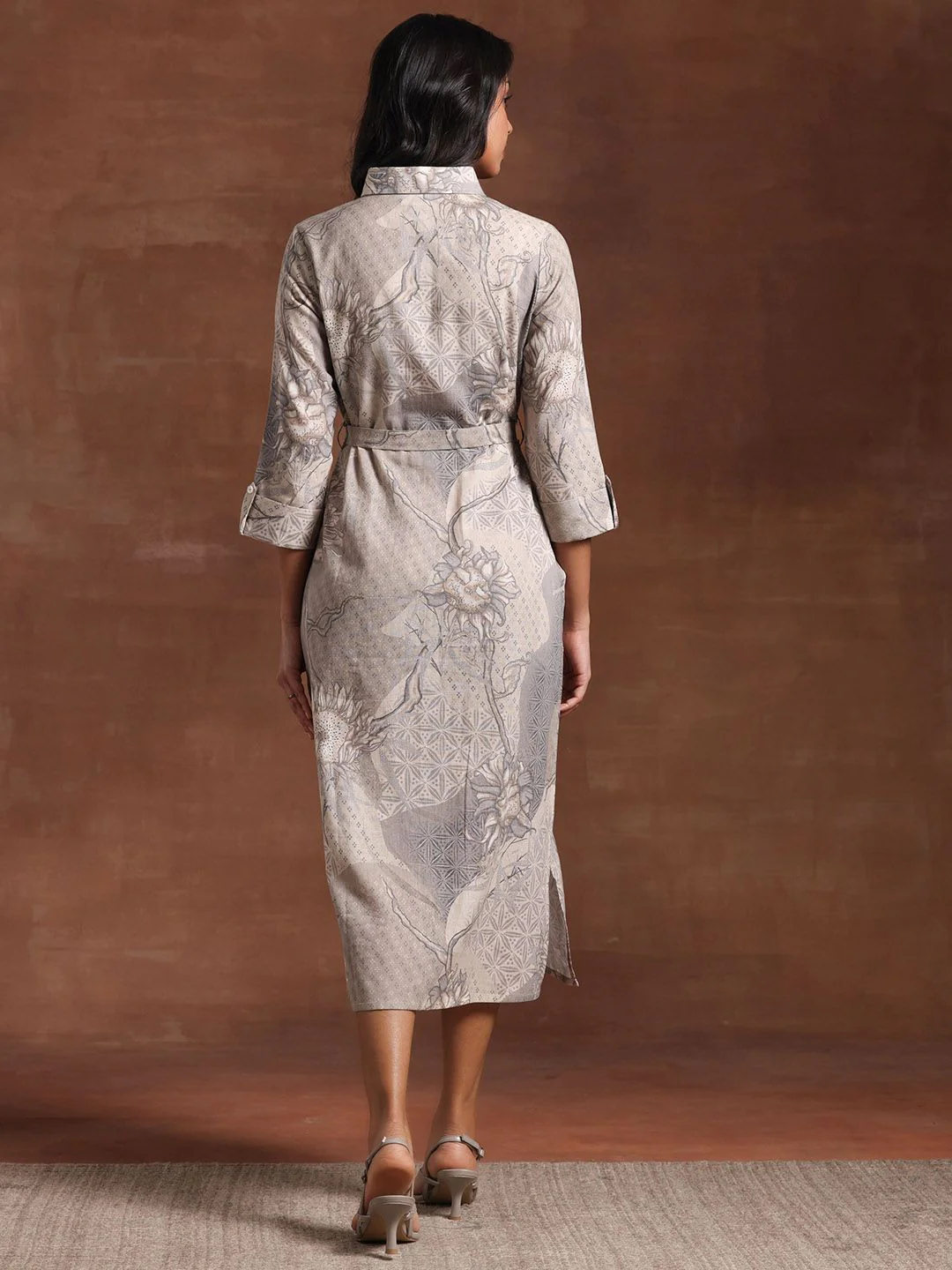 Libas Floral Printed Linen Shirt Collar A-Line Dress - Image 4