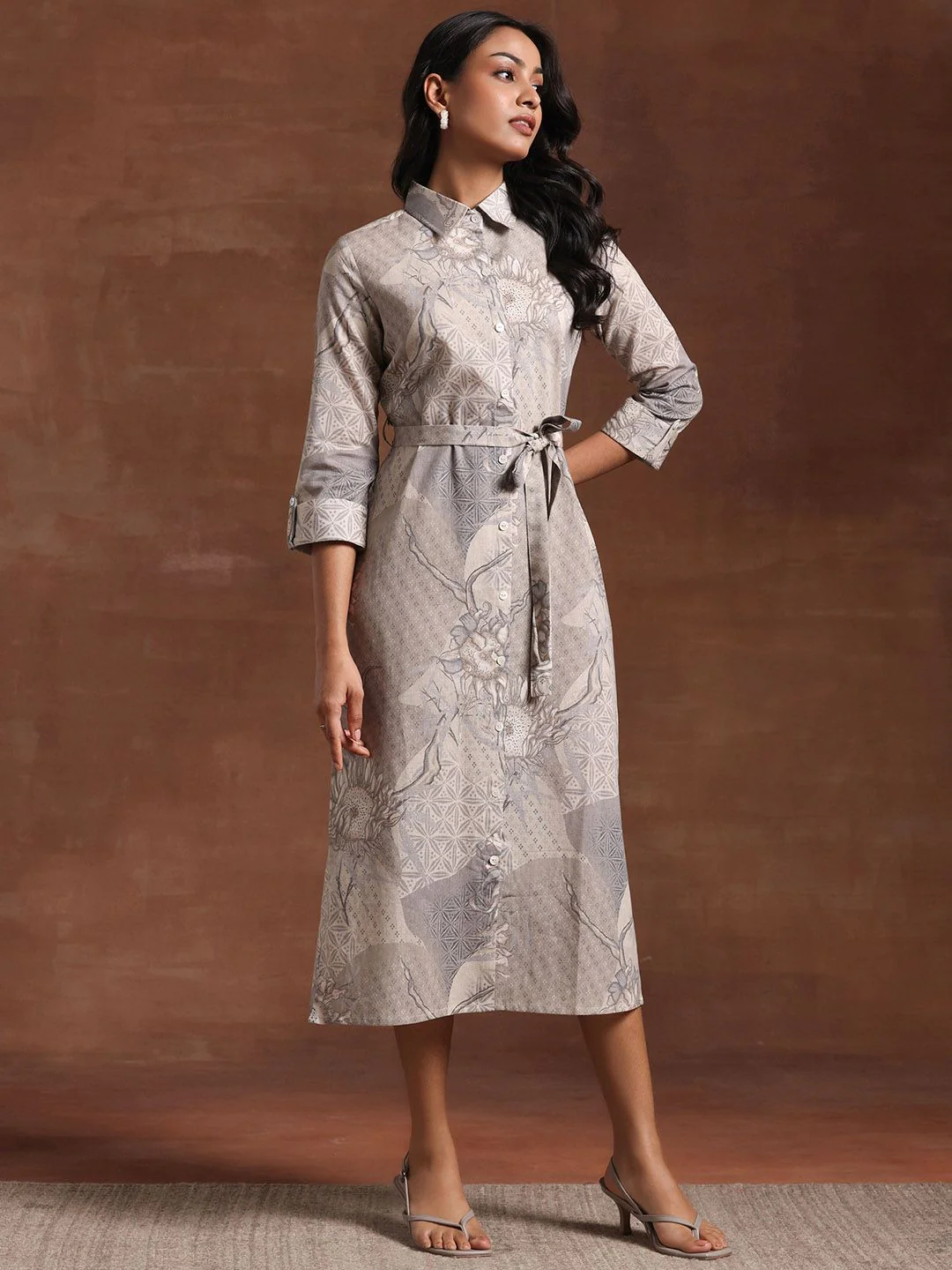 Libas Floral Printed Linen Shirt Collar A-Line Dress - Image 5