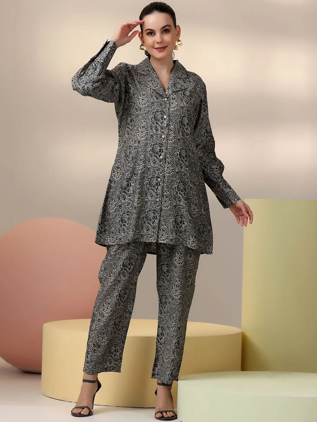 Libas Floral Printed Long Sleeves Shirt With Trousers