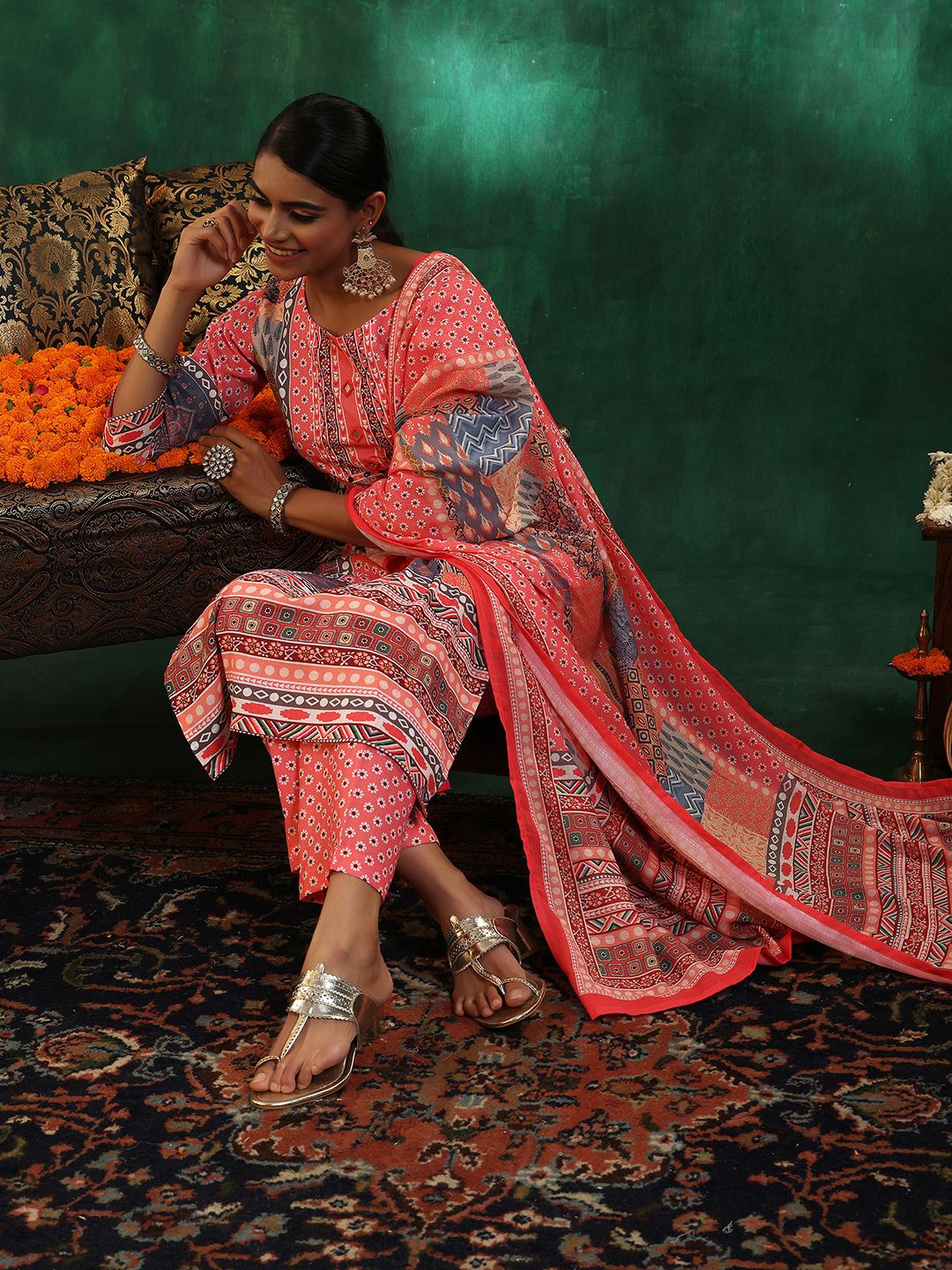 Libas Floral Printed Mirror Work Linen Kurta with Trousers & Dupatta - Image 4