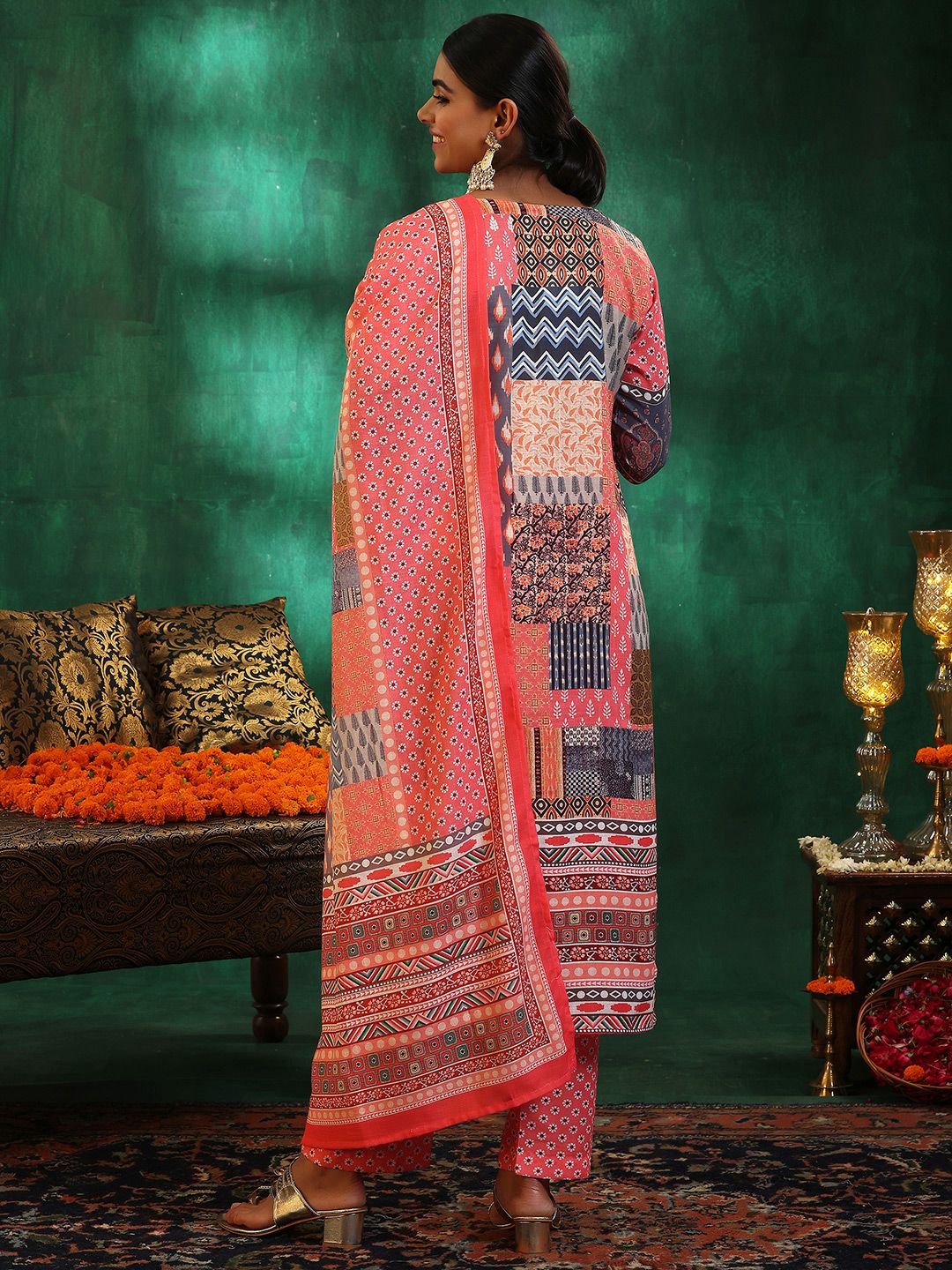 Libas Floral Printed Mirror Work Linen Kurta with Trousers & Dupatta - Image 5