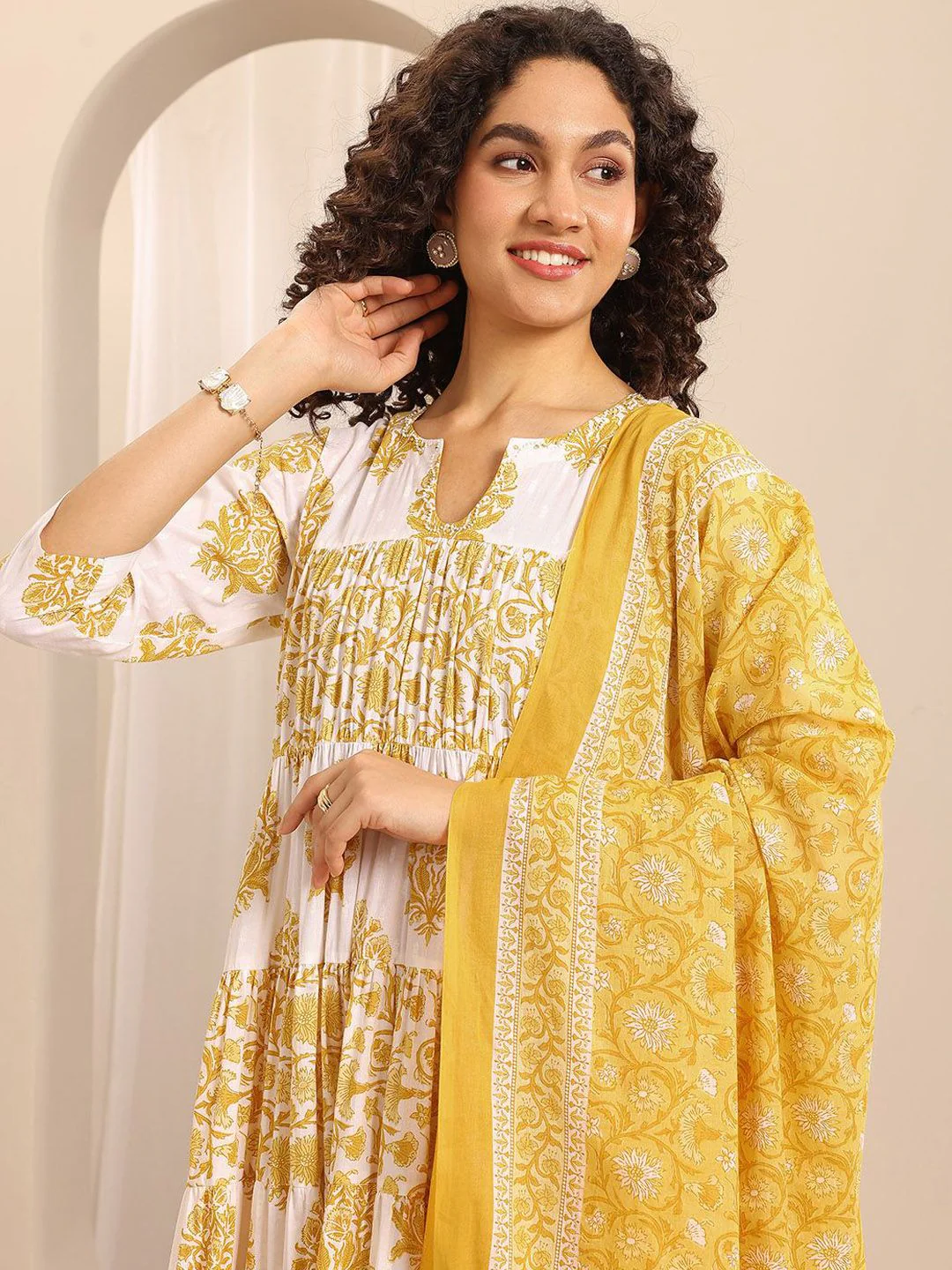 Libas Floral Printed Notch Neck Anarkali Kurta With Trousers & Dupatta - Image 6