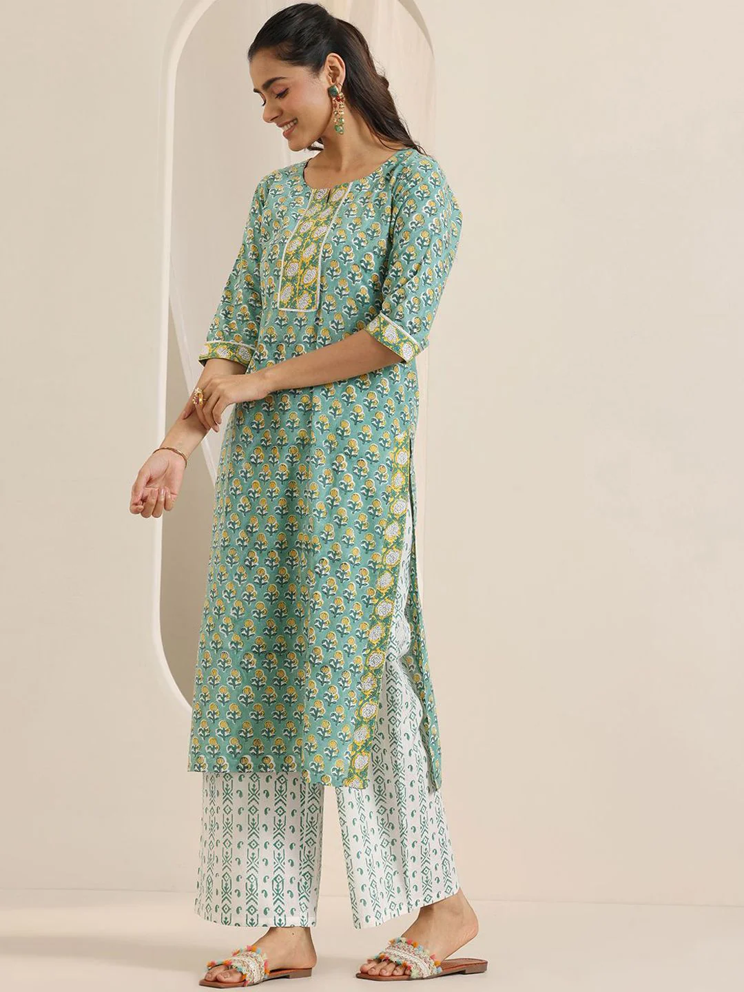 Libas Floral Printed Notch-Neck Straight Kurta With Palazzos And Dupatta - Image 5