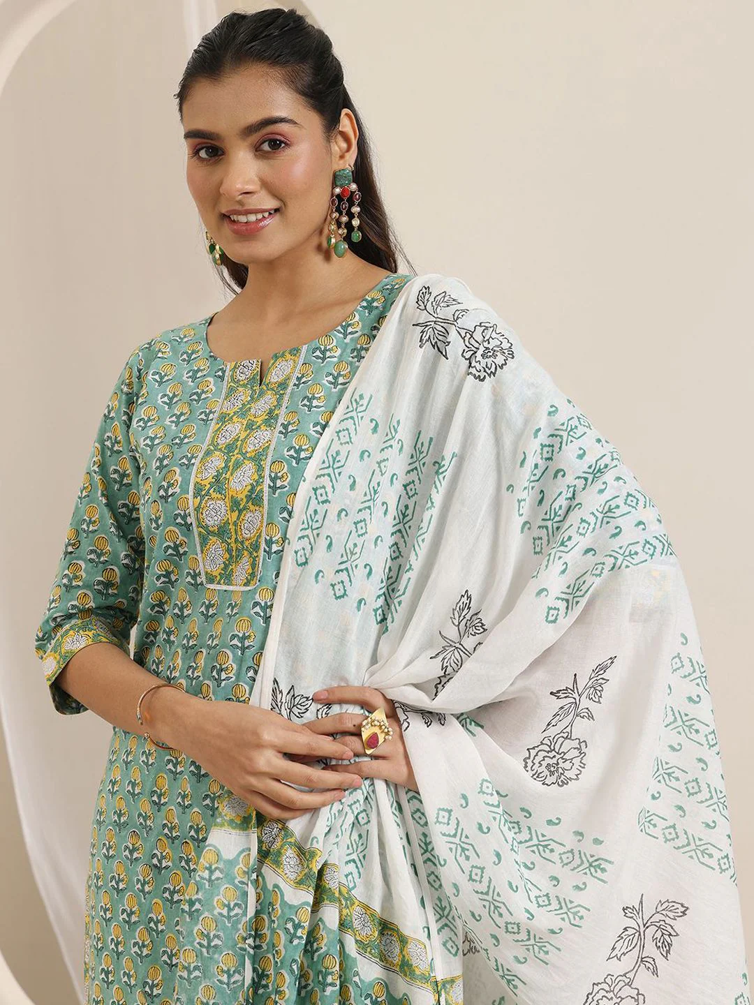 Libas Floral Printed Notch-Neck Straight Kurta With Palazzos And Dupatta - Image 6