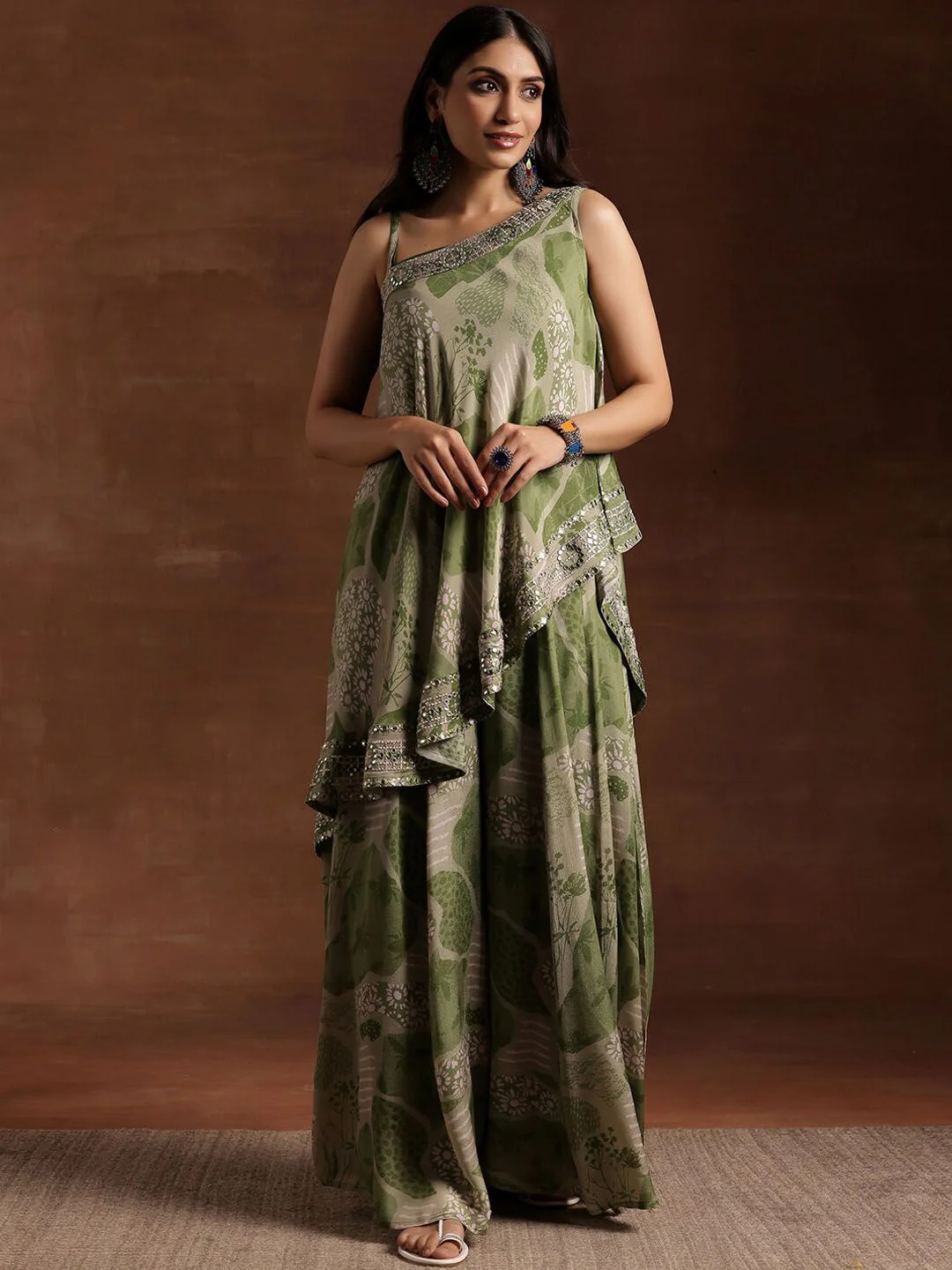 Libas Floral Printed One Shoulder Sleeveless Tunic & Palazzo With Slip - Image 4