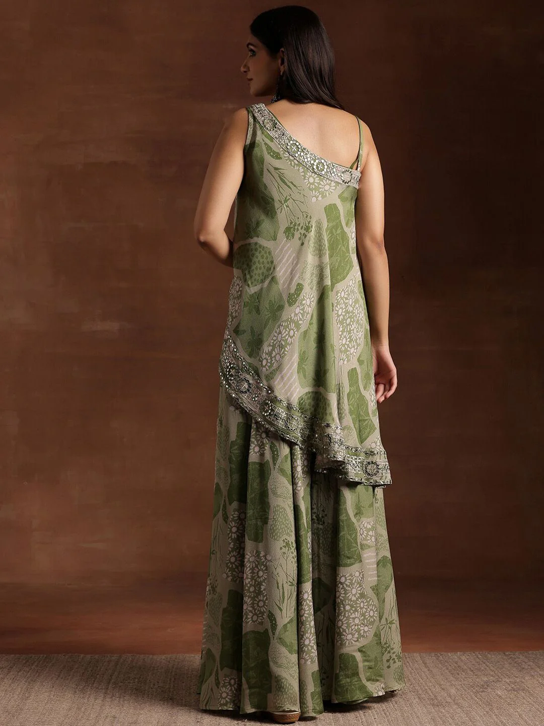 Libas Floral Printed One Shoulder Sleeveless Tunic & Palazzo With Slip - Image 5