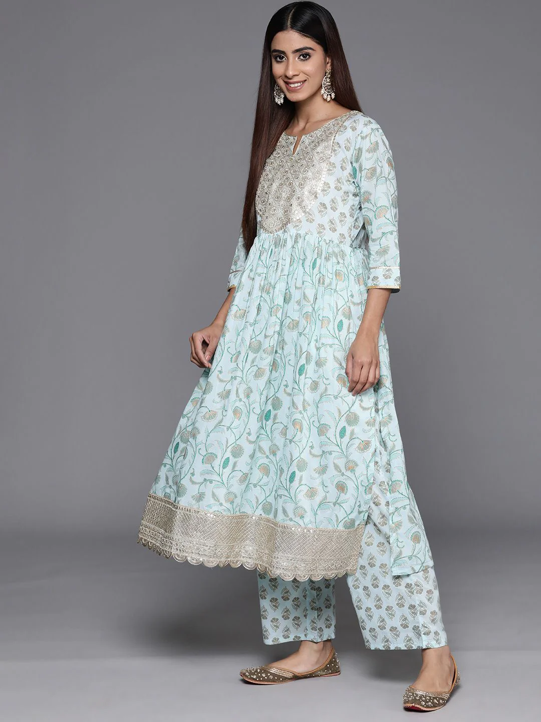 Libas Floral Printed Pleated Gotta Patti Pure Cotton Kurta with Palazzos & Dupatta - Image 6