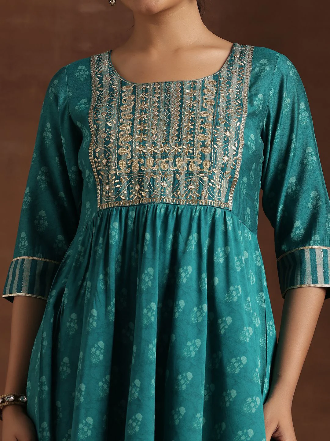 Libas Floral Printed Pleated Mirror Work Anarkali Kurta with Trousers & Dupatta - Image 2