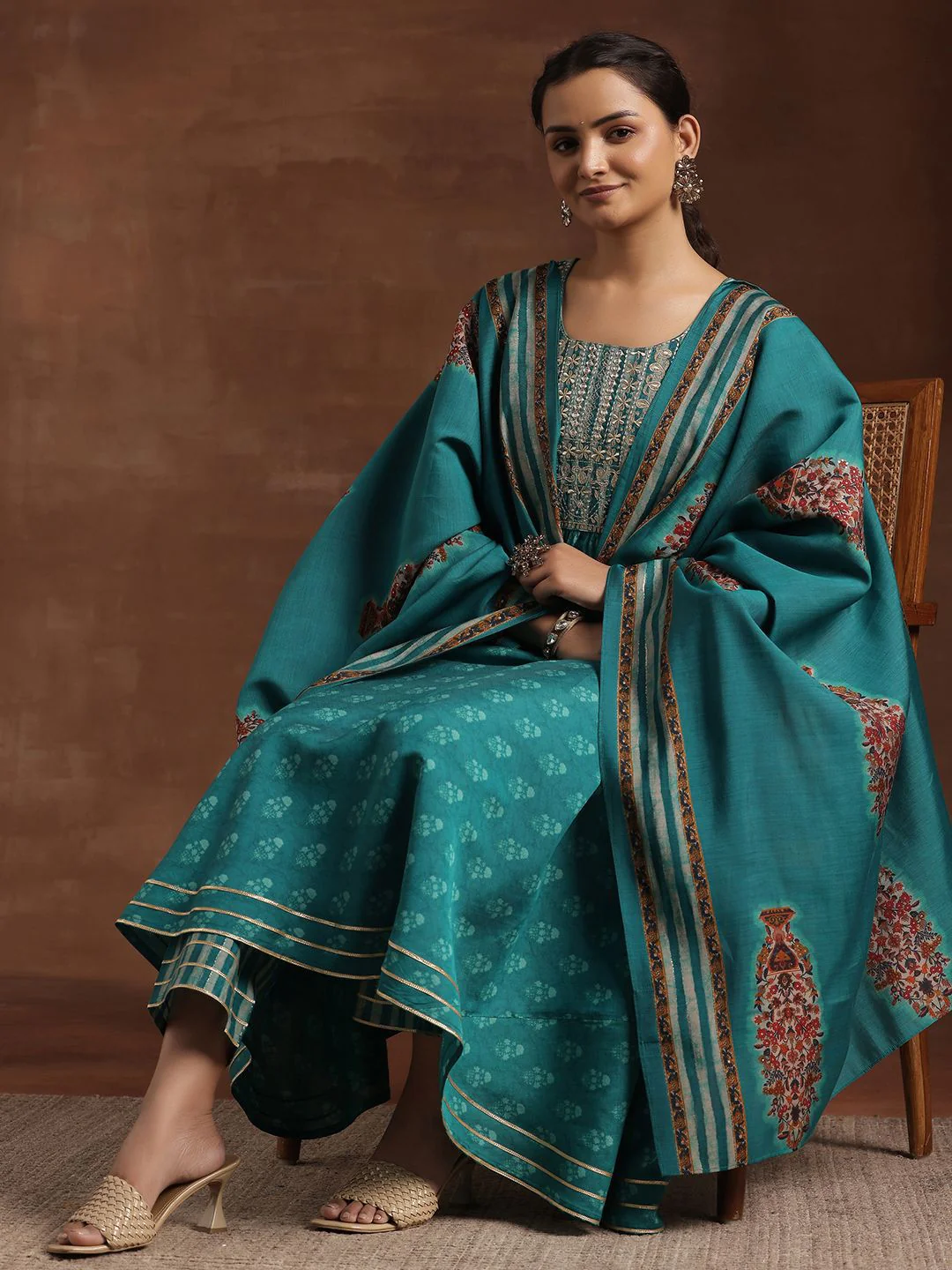 Libas Floral Printed Pleated Mirror Work Anarkali Kurta with Trousers & Dupatta - Image 7