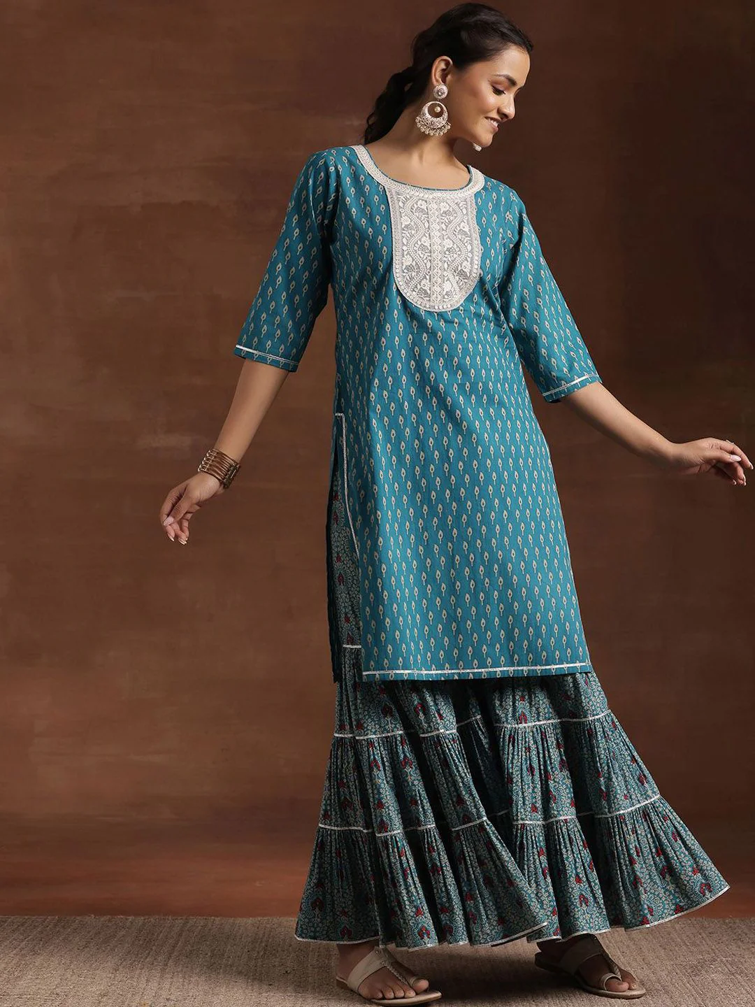 Libas Floral Printed Pure Cotton Kurta with Sharara & Dupatta - Image 4