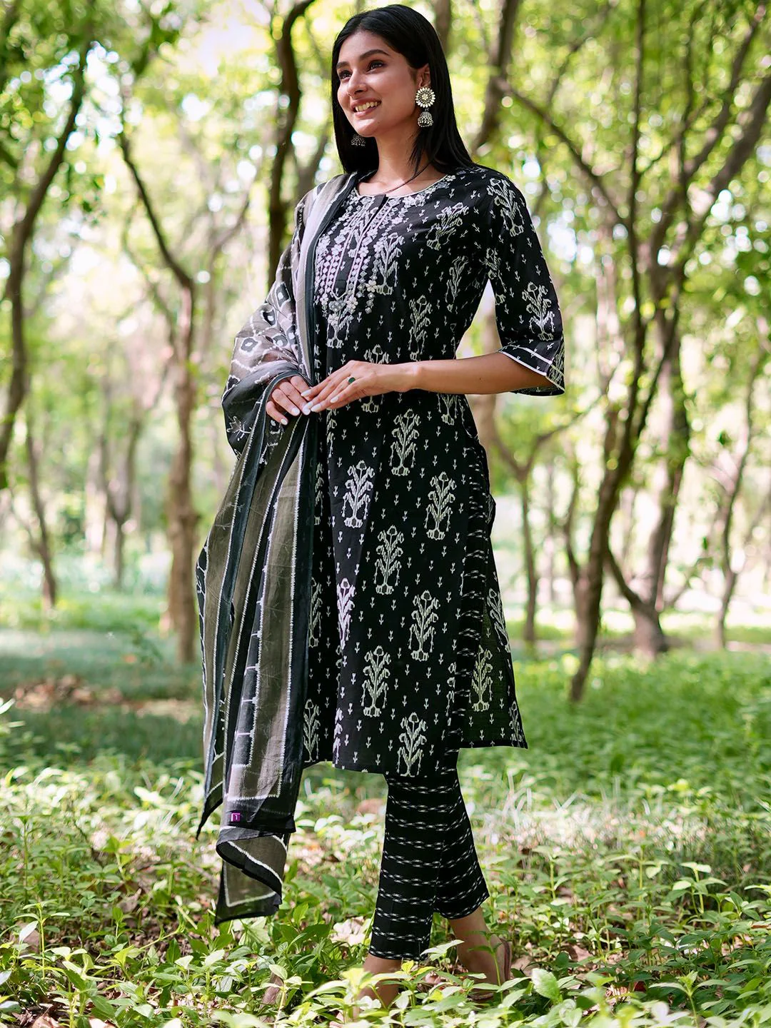 Libas Floral Printed Regular Mirror Work Pure Cotton Kurta With Trousers & Dupatta - Image 8