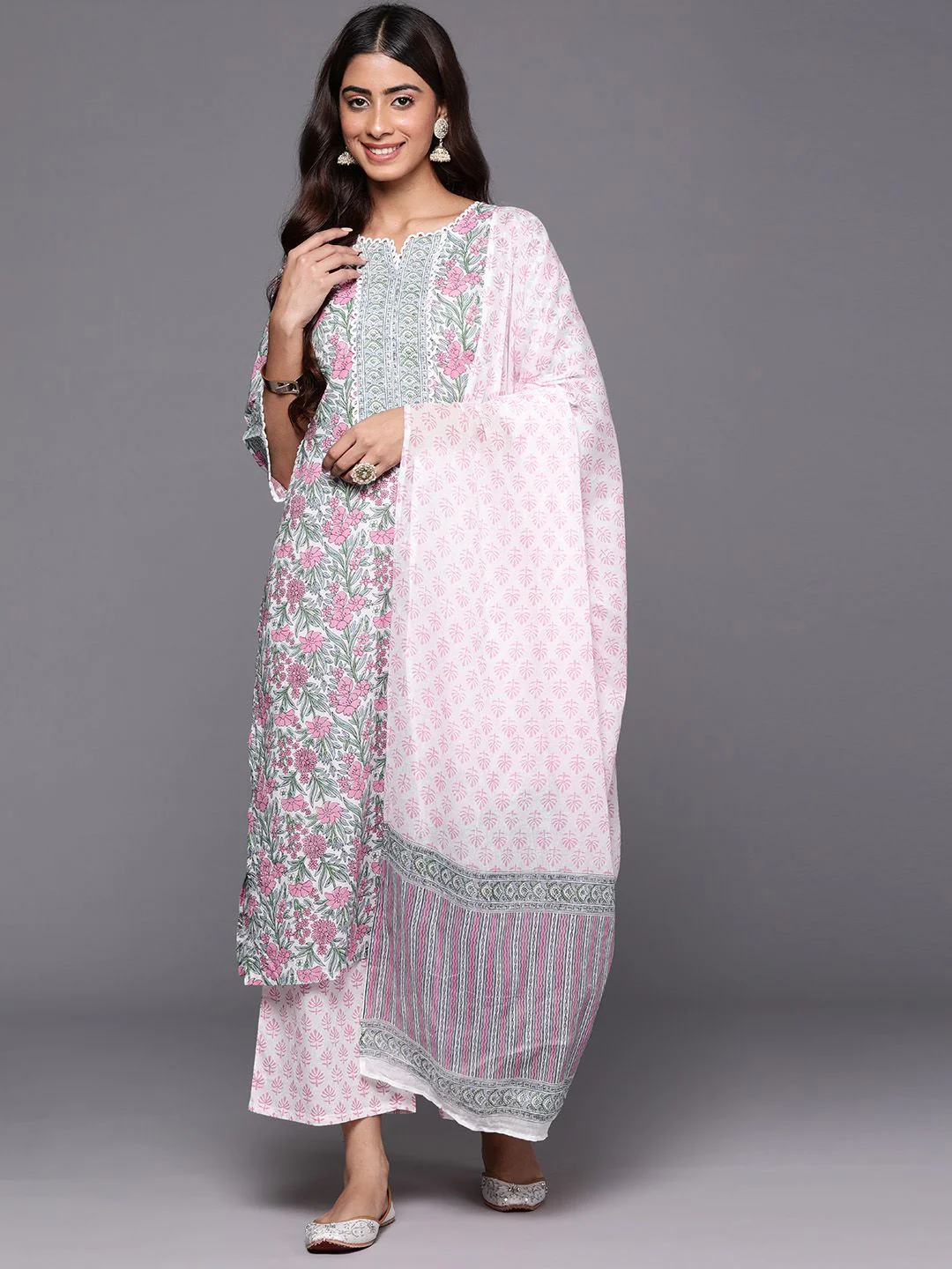 Libas Floral Printed Regular Pure Cotton Kurta with Palazzos & Dupatta - Image 4
