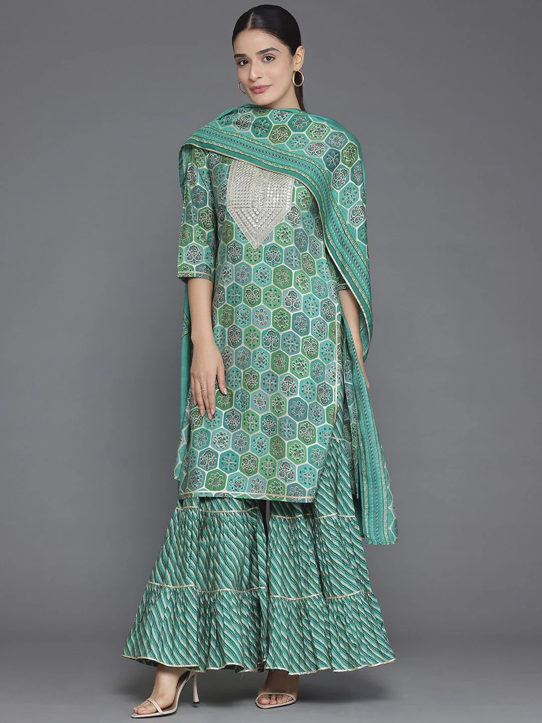 Libas Floral Printed Round Neck Three-Quarter Sleeves Sequinned Kurta Set - Image 6