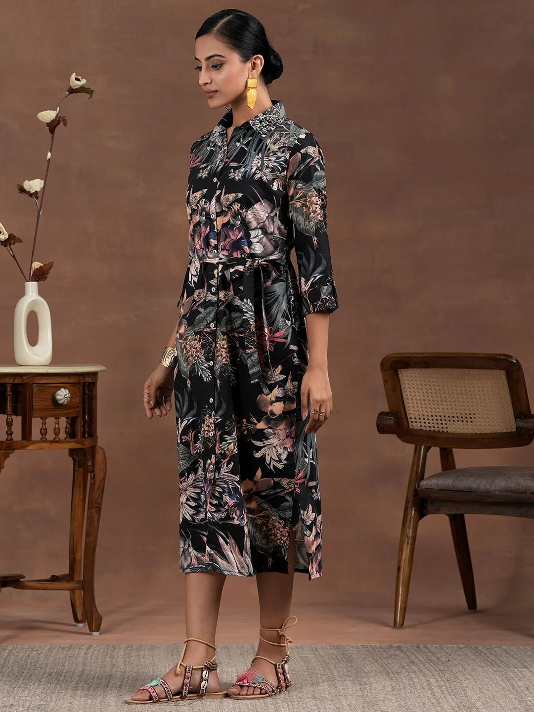 Libas Floral Printed Shirt Collar A-Line Dress With waistbelt - Image 5