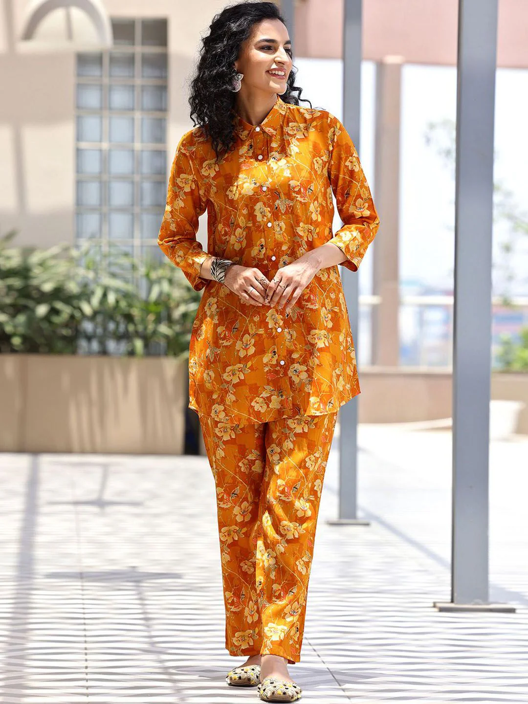 Libas Floral Printed Shirt Collar Three-Quarter Sleeves Tunic ,Trousers - Image 3